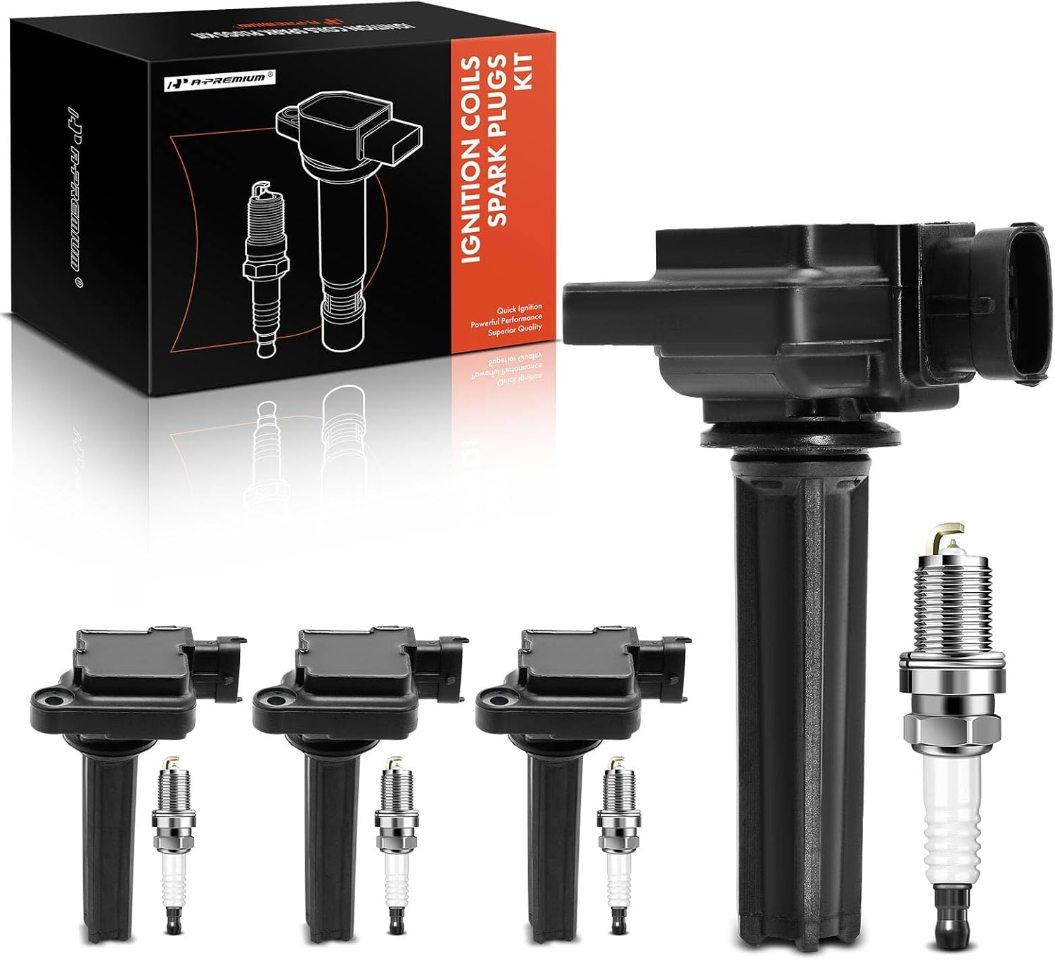 A-Premium Set of 4 Ignition Coil Pack and Iridium Spark Plugs Compatible with Saab 2004-2011 9-3, 2010-2011 9-3X, 2.0L