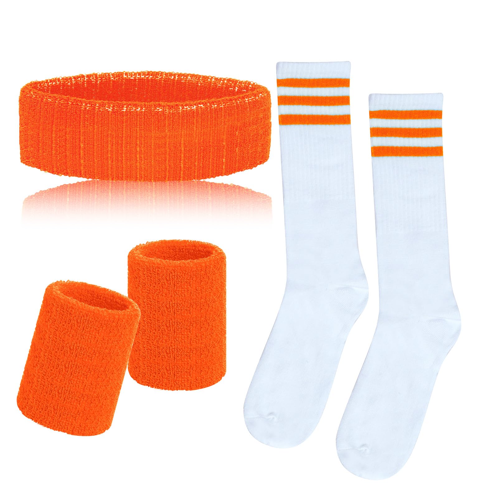 Photo 1 of Sucrain 5 Pieces Striped Sweatbands and Socks Set, Sports Sweatbands Wrist Sweat Bands Orange &White High Tube Socks 80s Accessories Costumes for Men Women (Orange)