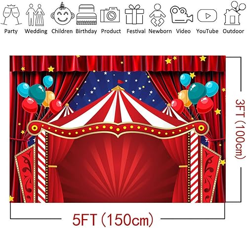 Miniatura 5 de Fondo de fiesta de circo de 5 x 3 pies para fotografía de fiesta de circo rojo, decoración de globos, fiesta de cumpleaños infantil, carnaval,