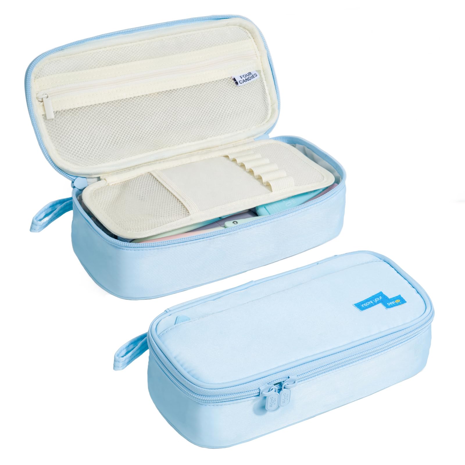 Four Candies Large Pencil Case, Big Capacity Canvas Pencil Pouch (Blue)
