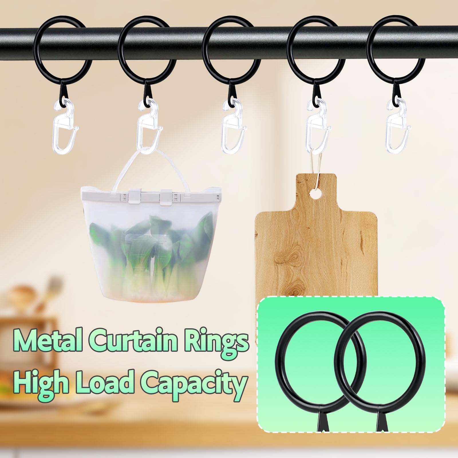 Anelli E Ganci Per Tende - 50 Pezzi Metallici E 50 Plastici, Nero/Trasparente - Foto 7