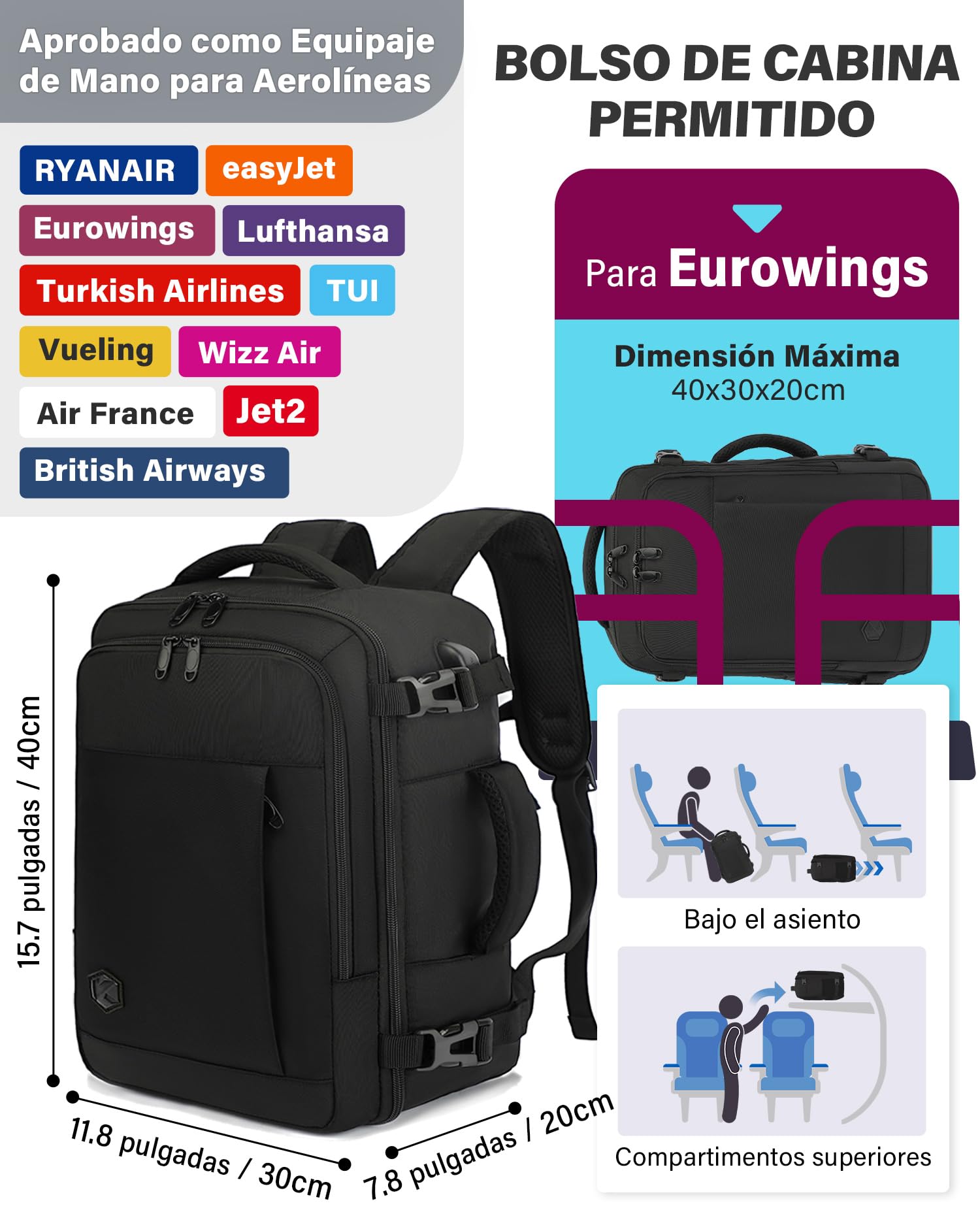 VANKEV Mochila Viaje Cabina Avion 40x30x20 24L Equipaje Mano Bolso Portatil 15.6 Pulgadas NEGRO