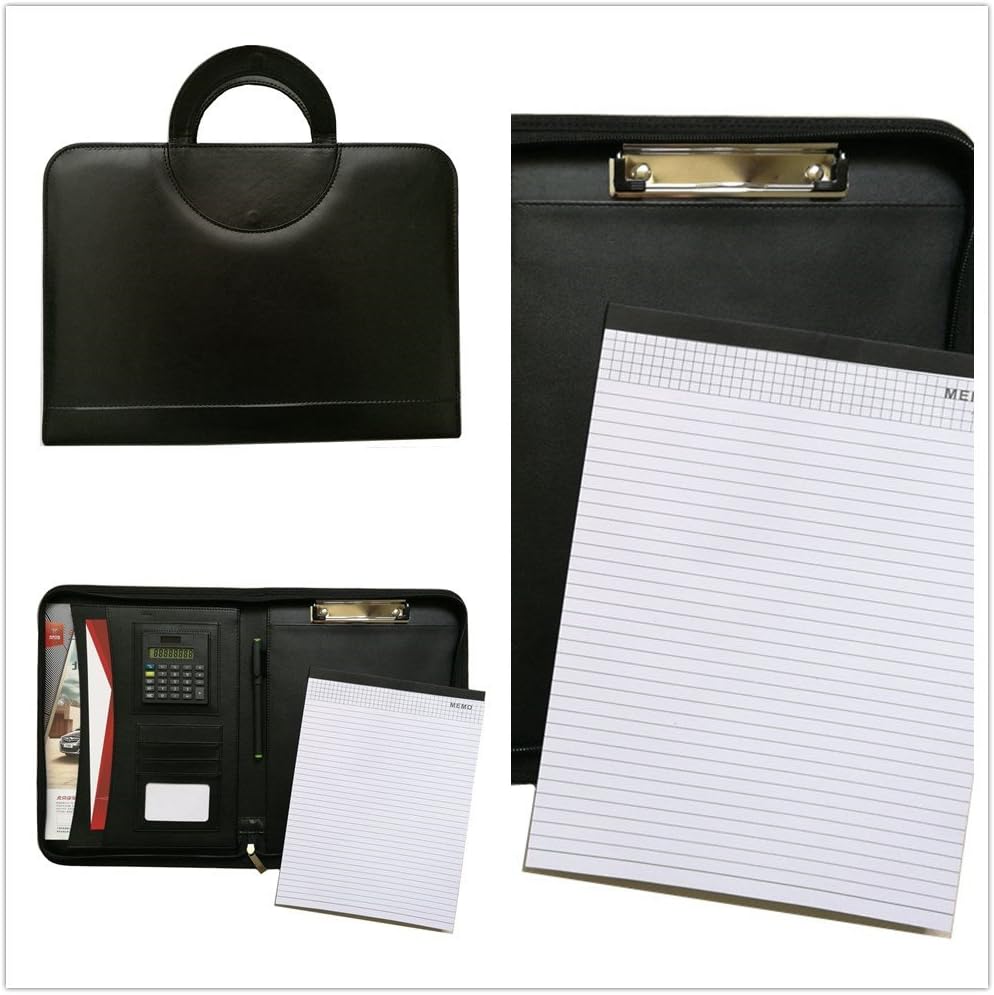 Ring Binder Portfolio with Handle Zippered File Padfolio A4 Folder Business Office Organiser with Calculator (Black)