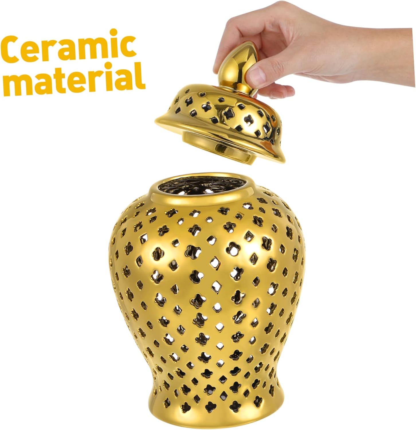 Cabilock Gold Ceramic Hollow Out Ginger Jar Lid Decorative Vintage Flower Vase for Home Decor Living Room and Table Centerpiece