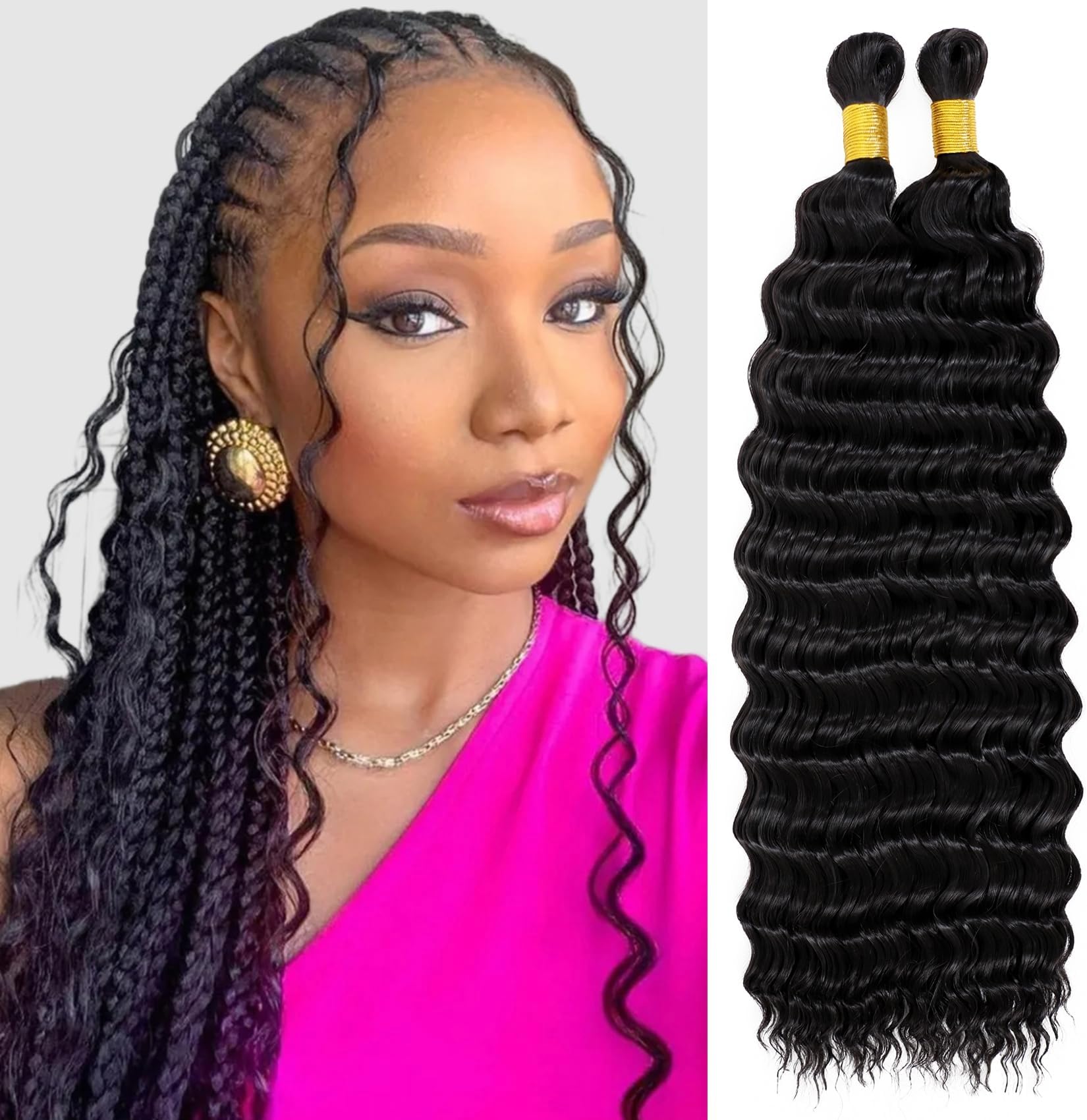 Eerya Long Curly Braiding Hair 18 Inch 2 Packs Ocean Wave Crochet Hair for Black Women Deep Wave Braiding Hair for Boho Braids (18 inch, 1B)