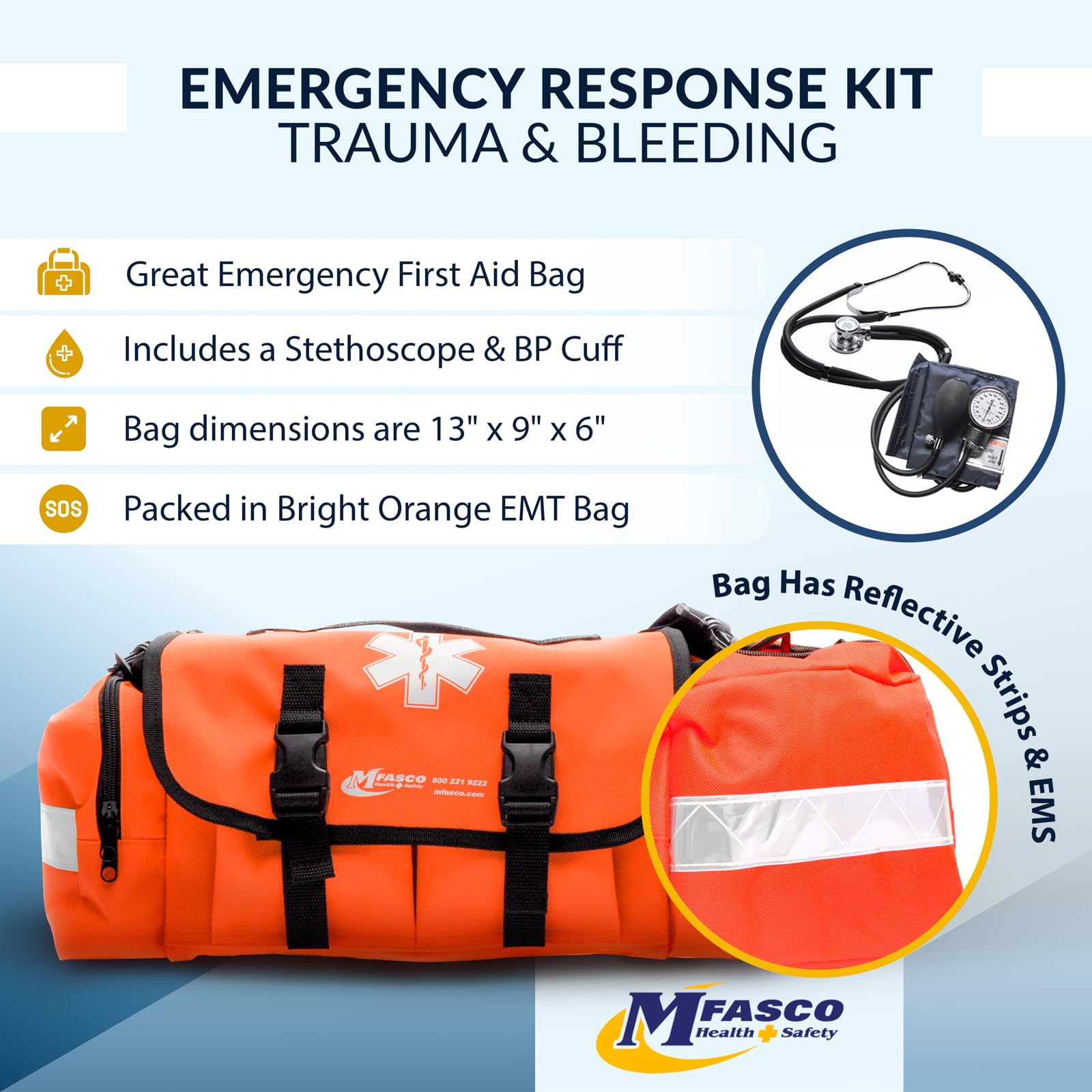 MFASCO Professional First Responder Kit - Emergency First Aid Bleeding Kit Combo, Includes Tourniquet & Clotting Bandage, Orange EMT Bag, Adjustable Shoulder Straps, 275+ Pieces, 13 x 9 x 6 Inches