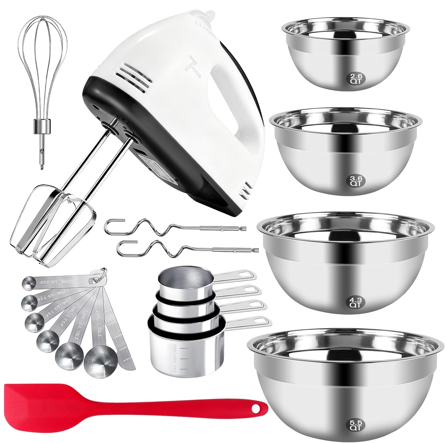 7-Speed Hand Mixer Set, Handheld Electric Whisk with 5Pcs Stainless Steel Attachments, 4 Mixing Bowls, Measuring Tools & Silicone Spatula, Multifunctional Kitchen Mixer for Baking Dough Cream Cooking