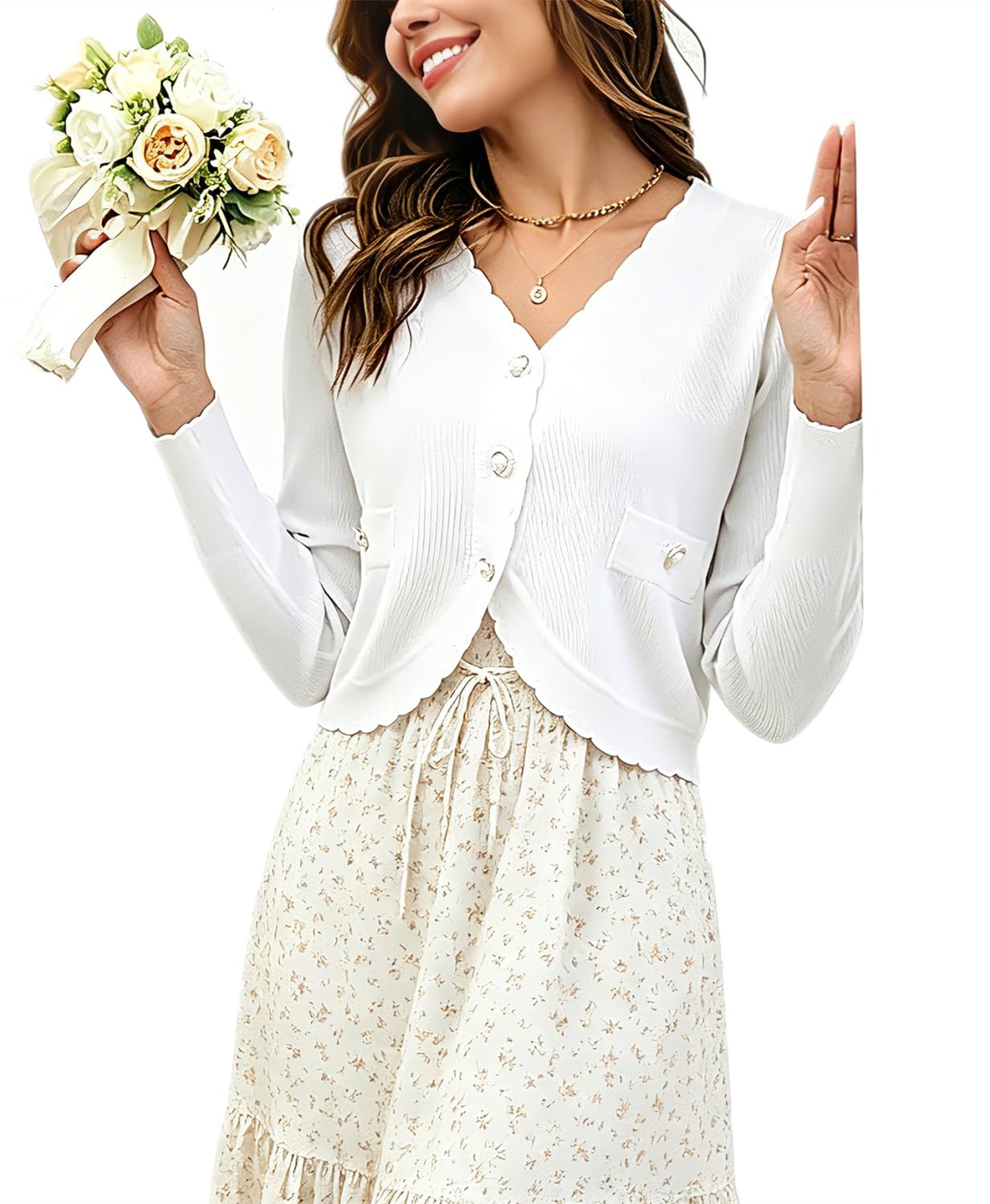Boléro Femme Cardigan Court Gilet Veste Tricot Bouton Manches Longues pour Robe T Shirt Bretelle Chic Elégante Soirée Fête Décontracté
