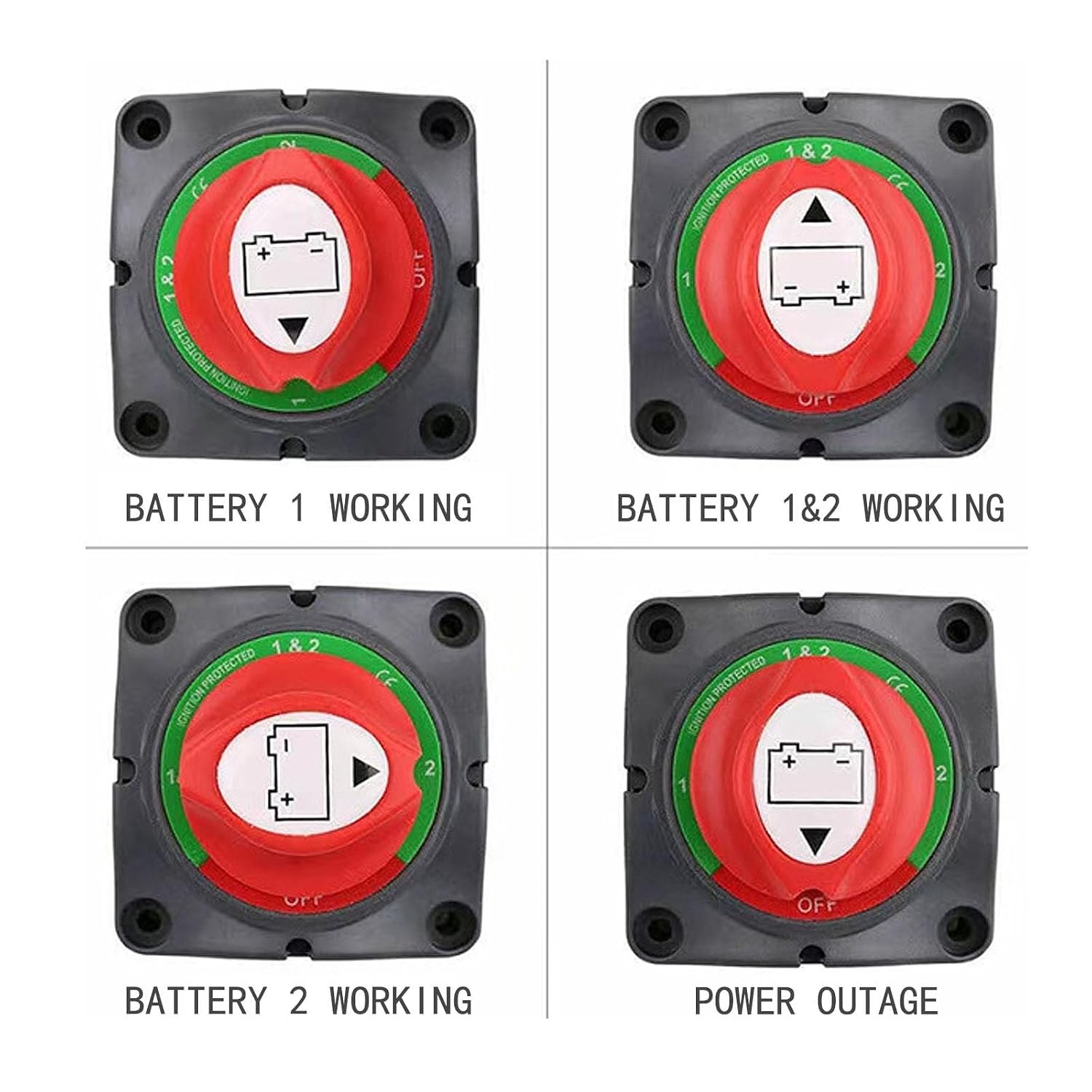 1-2-Both-Off Battery Switch | 12V-48V Dual Battery Cut Off Isolator for Car, RV, Boat | Heavy Duty Waterproof Power Disconnect (1-2-Both-Off)