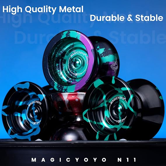 MAGICYOYO N11 Metal Professional Yoyo Unresponsive Yoyo for Advanced | Ressponsive Yo yo Bearing for Kids Beginner, Includes 12 Yo-yo Strings, Bearings Kit & Carry Bag (Black Blue)