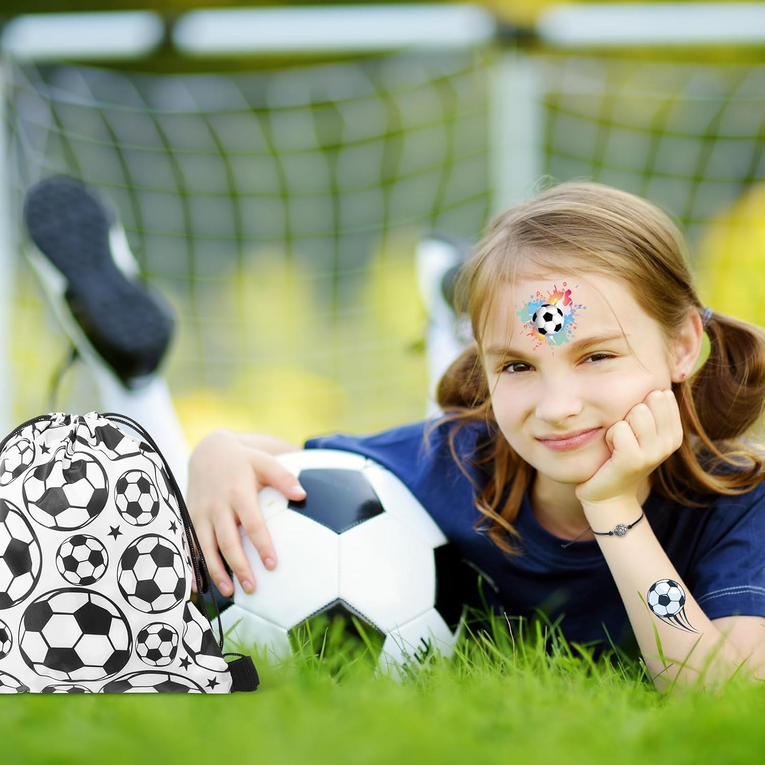 Equsion 50 Pcs Soccer Party Favors Soccer Goodie Bags Set Includes Drawstring Bags Bracelets Keychains Stickers Cards for Football Lover Fans Team Gifts