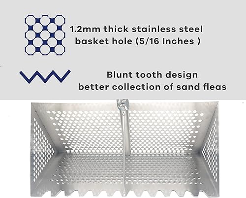 Miniatura 5 de Rastrillo de pulgas de arena, tamiz de arena de acero inoxidable, mango largo desmontable de 47 pulgadas, cesta de 15.7 pulgadas de ancho, atrapa