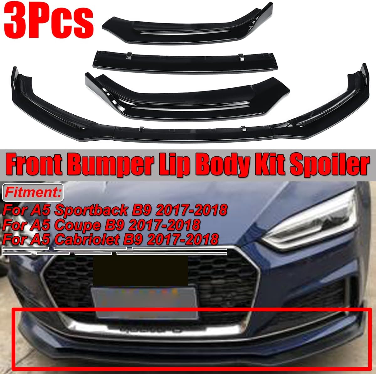 Front Bumper Lip Fit for Audi A5 B9 2017-2018,3 PCS Front Bumper Lip Body Kit Spoiler Compatible with Audi A5 B9 2017-2018 Front Splitter, Gloss Black