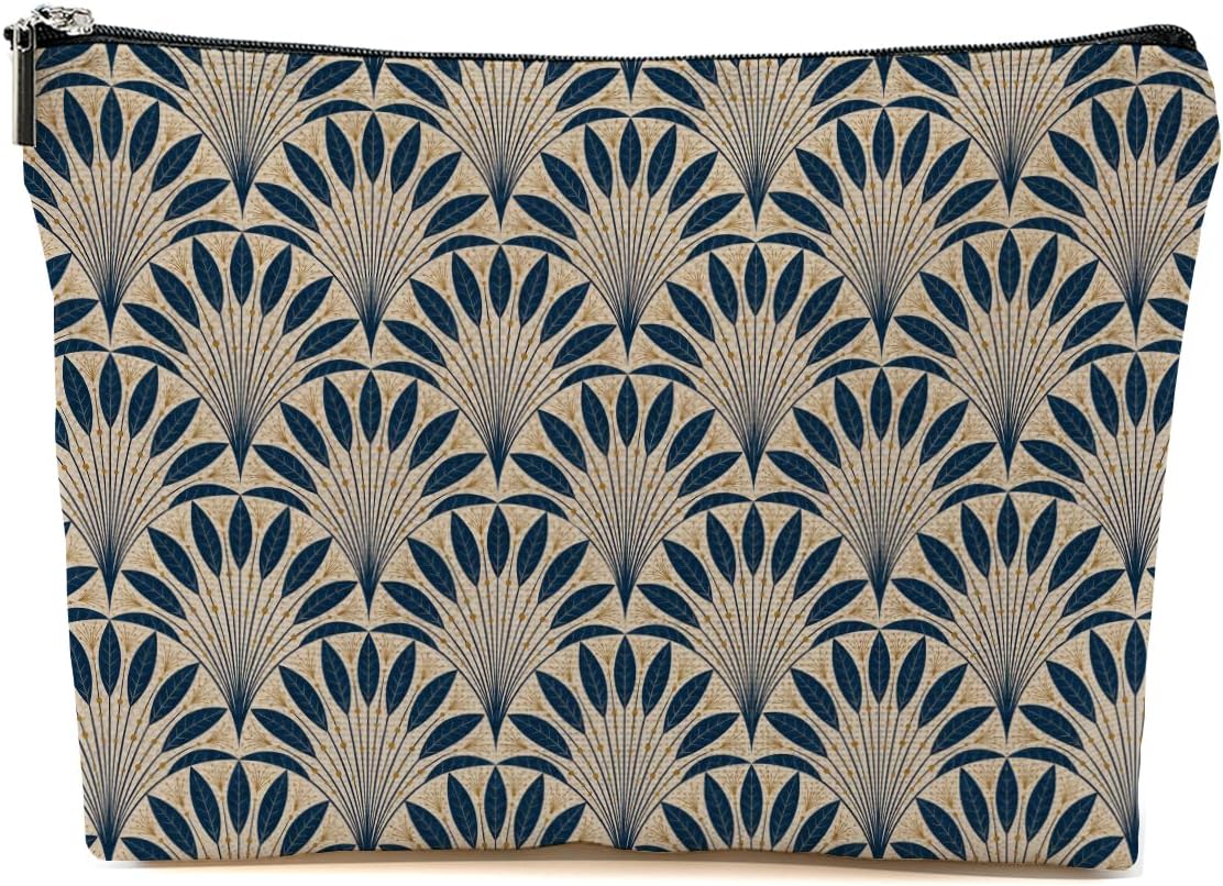 Peacock Fan Leaf Makeup Bag Blue Beige Cosmetic Bag