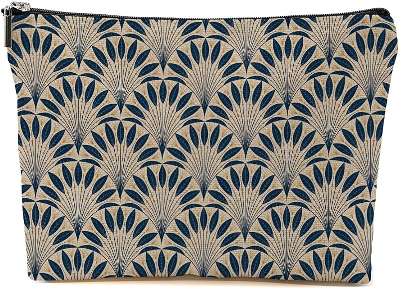 Necessaire de maquiagem Blue Leaves Peacock Fan Leaf azul e bege