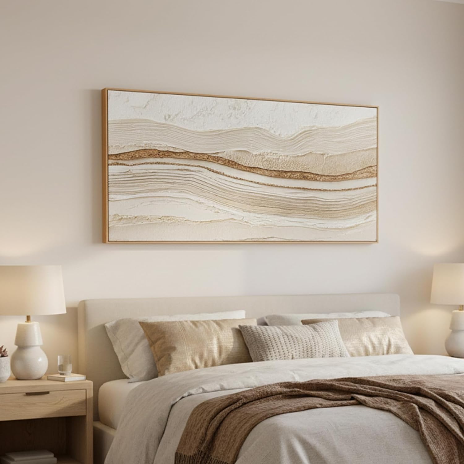 Sorbrozo Abstract Textured Wall Art 20x40 Inch Framed Neutral Beige and Gold Wavy Landscape Canvas Print Modern Decor for Living Room Bedroom & Office