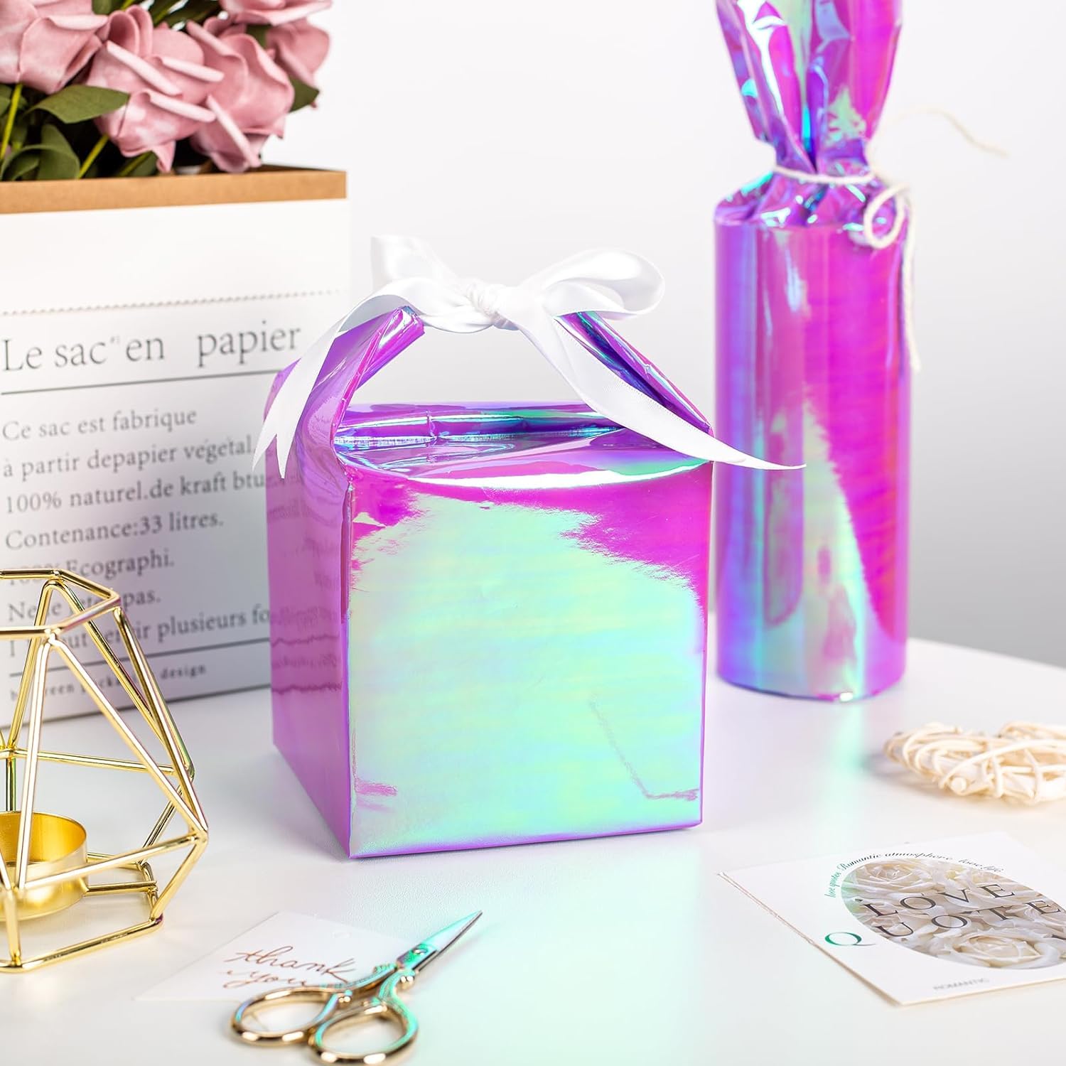 Rouleau De Papier Cadeau Holographique, Motif Papillon Doré, Feuille Métallique Irisée Pour Anniversaire, Mariage, Fête Prénatale, Fête Des Mères, Toutes Les Occasions, 43 Cm X 10 M