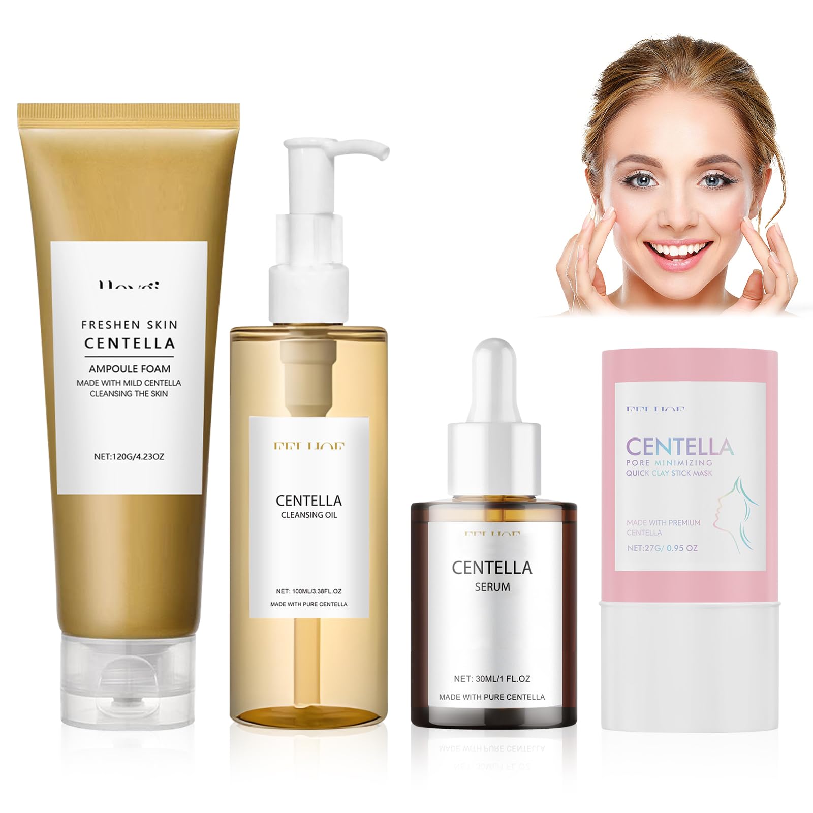4 Piezas Centella Kit, Centella Cleansing Oil + Centella Limpiador Facial | Asiatica Serum + Centella Stick Mask, Skincare Kit, Suave y Ligero, Apto para Pieles Sensibles