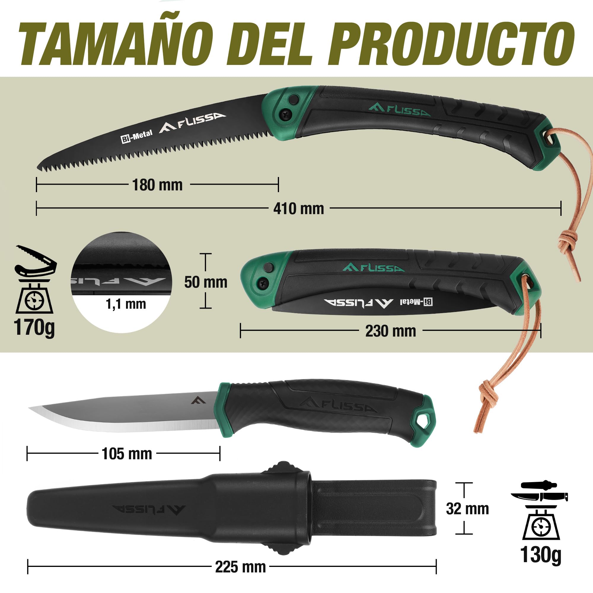 FLISSA Juego de Sierra Plegable y Navaja, Sierra de Podar Plegable, Navaja con Funda, Serrucho de Poda, Navaja de Acampada y Marcha para Aire libre, Jardinería