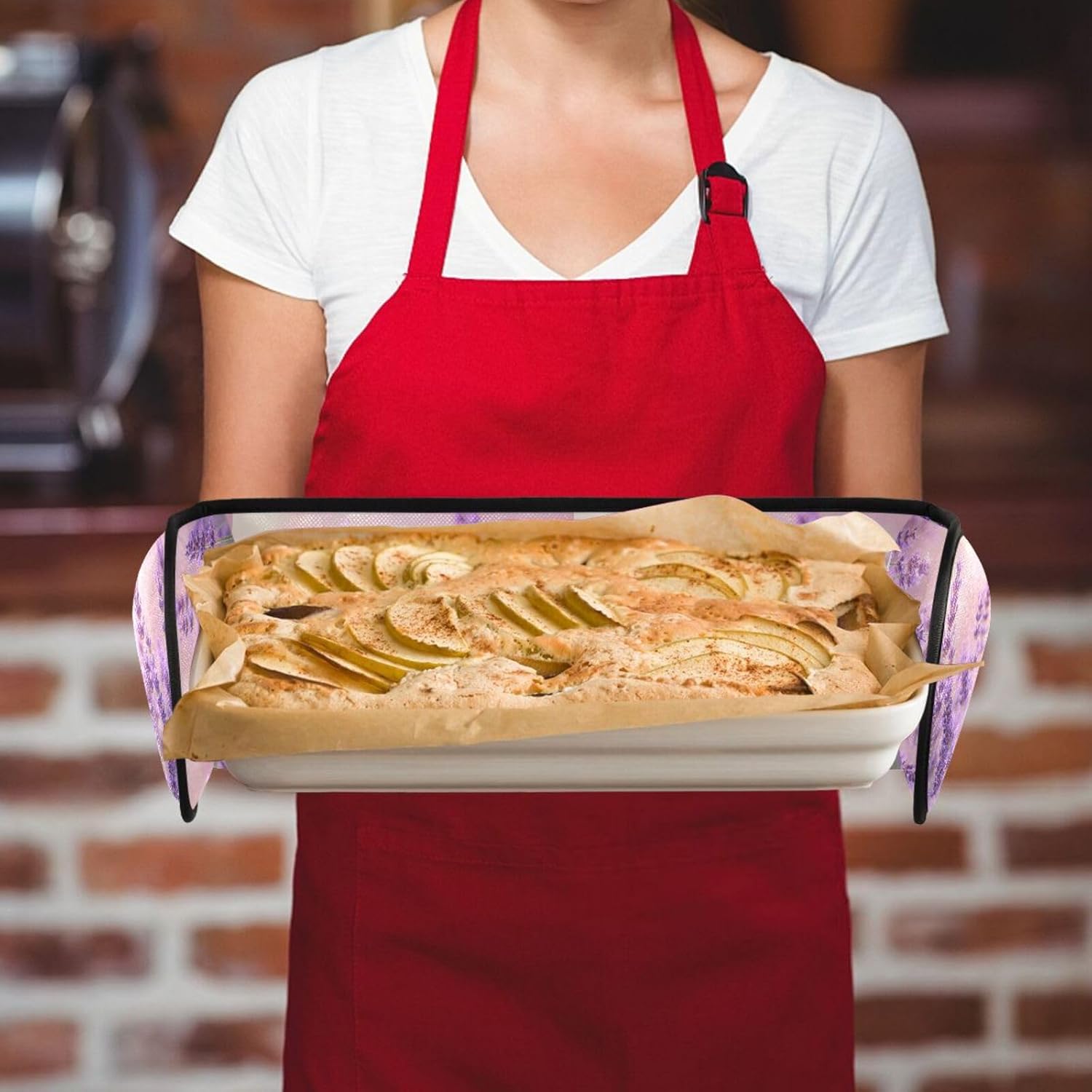 Double Oven Mitts Flower Lavender Field, Heat Resistant 7"x35" Long Quilted Kitchen Oven Gloves for Baking, BBQ, Grilling & Microwave - Machine Washable with Hanging Loop