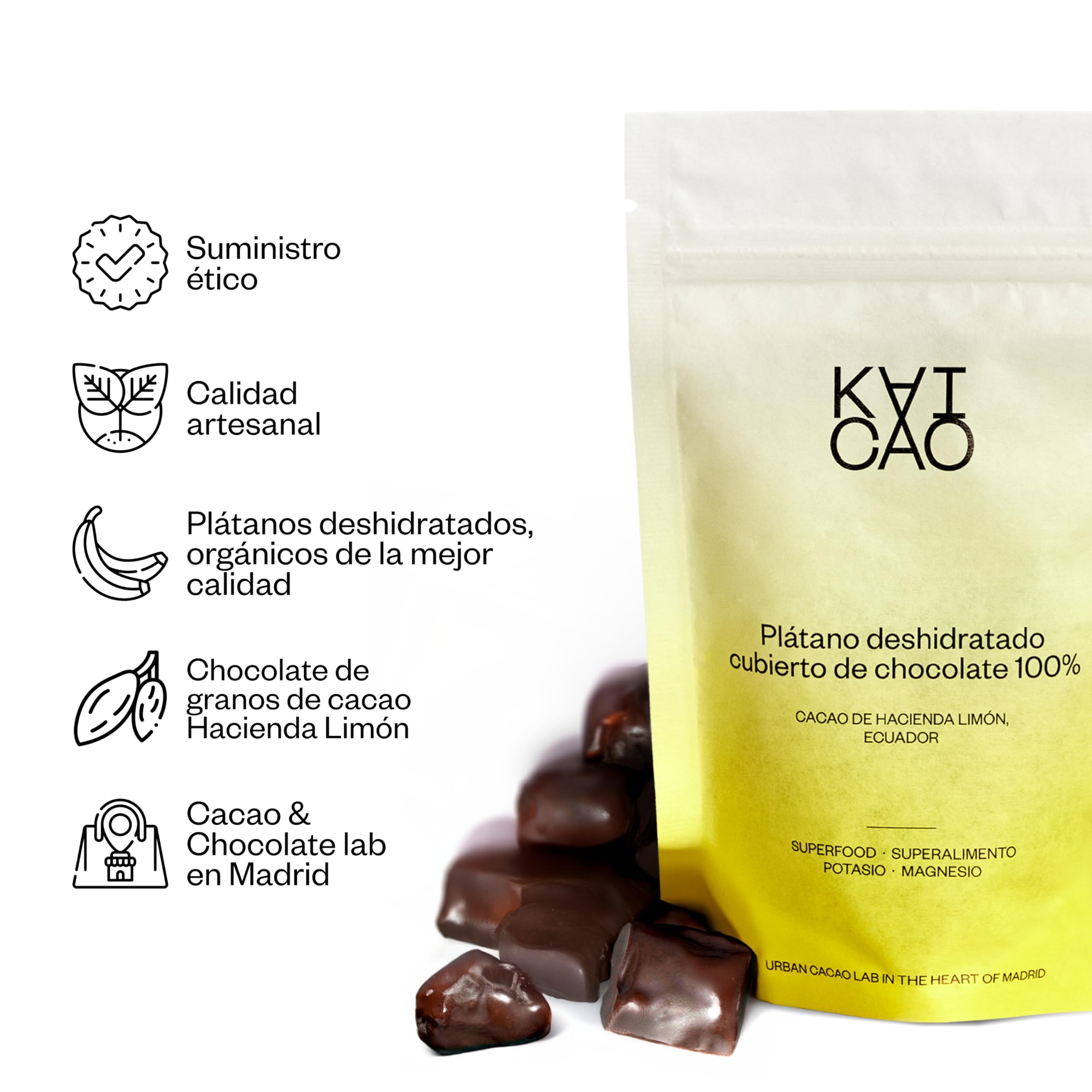 Kaicao Barritas Energéticas de Plátanos Deshidratados Cubiertos de Chocolate Negro 100% Puro - Sin Azúcar Añadida, Sin Gluten, Sin Lactosa, Vegano - Snacks Saludables de Cacao Hacienda Limón, Ecuador