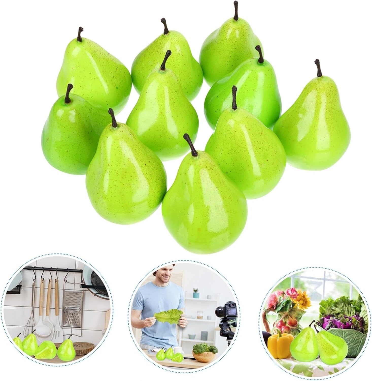 10pcs Green Artificial Pears Faux Fruit Decoration Realistic Fake Fruits for Photography Party Home Kitchen Table Centerpieces