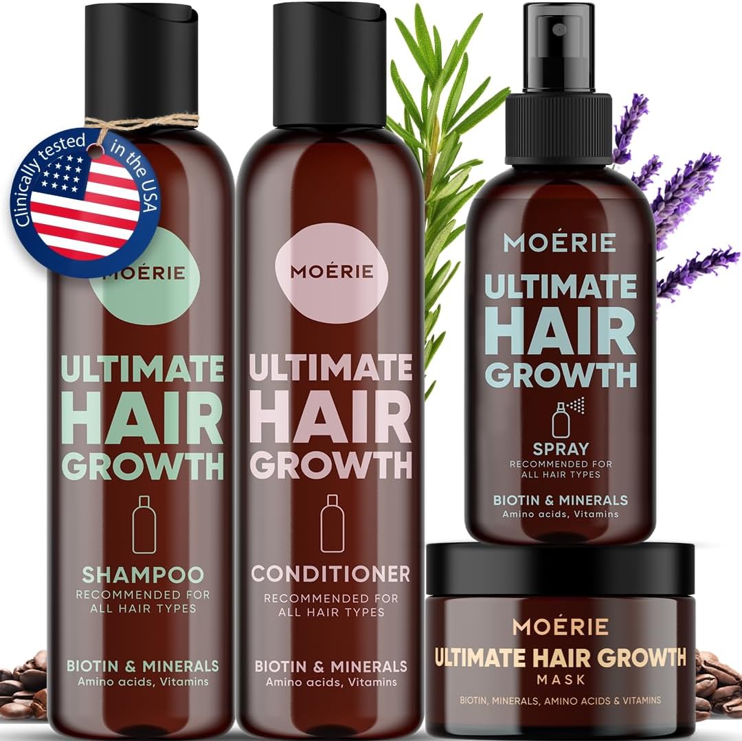 Moerie Mineral Shampoo and Conditioner Plus Hair Mask and Hair Spray Mega Pack – The Ultimate Hair Care Set – For Longer, Thicker, Fuller Hair – Vegan Hair Products – Paraben & Silicone Free Products