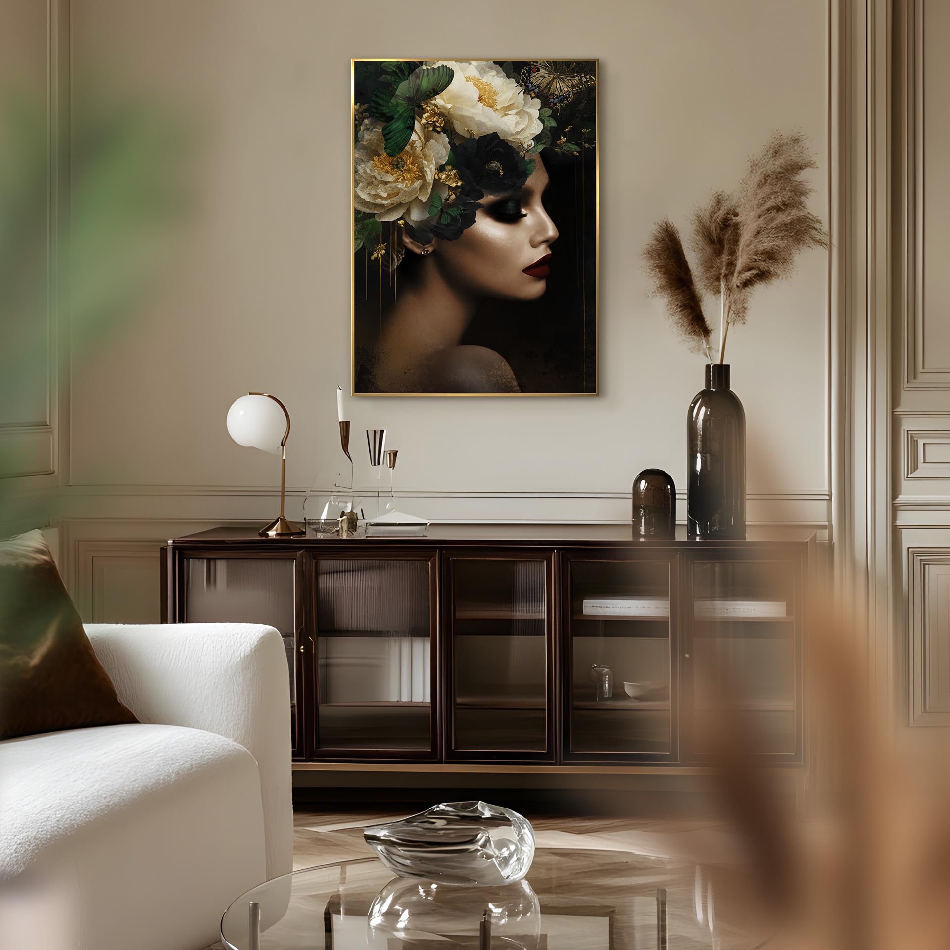 STYLER Bild Charlotte 50x70 cm (AUFHÄNGFERTIG) mit hochwertigem goldenen Rahmen – Frau mit Blumen – Exklusives Wandbild Modern Dekorativ Hochwertig Blumenkopf