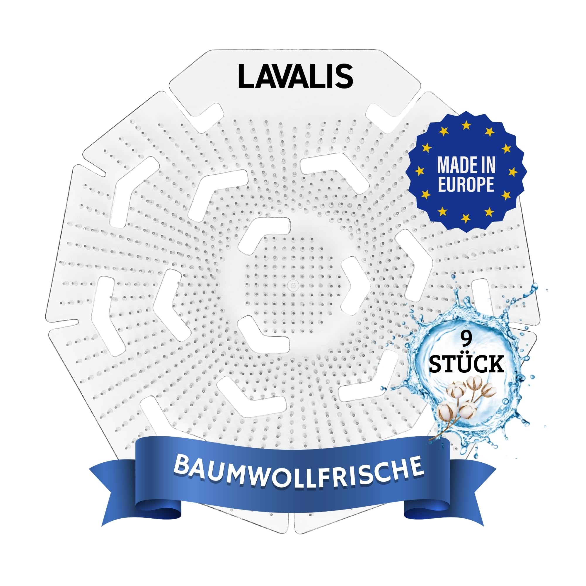 Urinalsieb (9x) Spritzschutz für Männer-Pissoir, reduziert Spritzer & Geruch, starker Duft Baumwollfrische, Luft-erfrischer, 30 Tage haltbar, passend für alle Urinale, rund Weiß