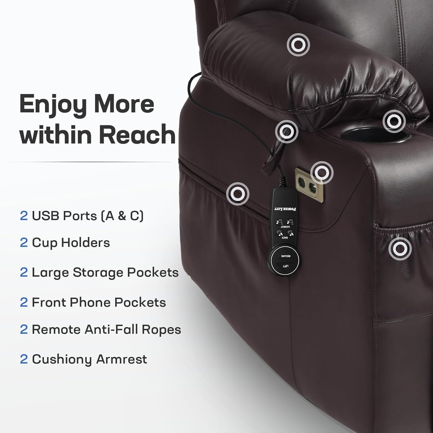 Tami Tami Dual Motor Power Lift Recliner Chair for Elderly with Massage and Heat, Electric Lift Chair for Big and Tall Adults, USB A&C, 2 Cup Holders (T6013 - Faux Leather, Dark Brown, Oversized)