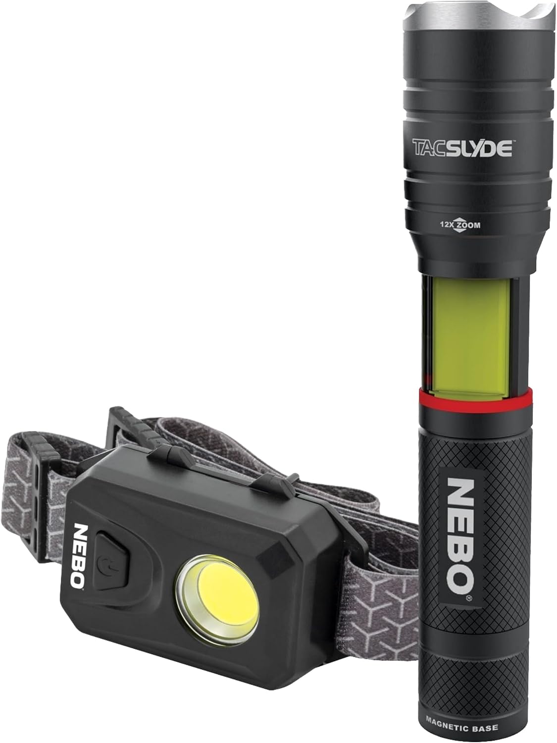 NEBO Combo Pack Tac Slyde & 150 Kafa Lambası - LED El Feneri ve Kafa Feneri - Fener Modu, Acil Kırmızı Flaş ve Eller Serbest Aydınlatma için Manyetik Tabanlı
