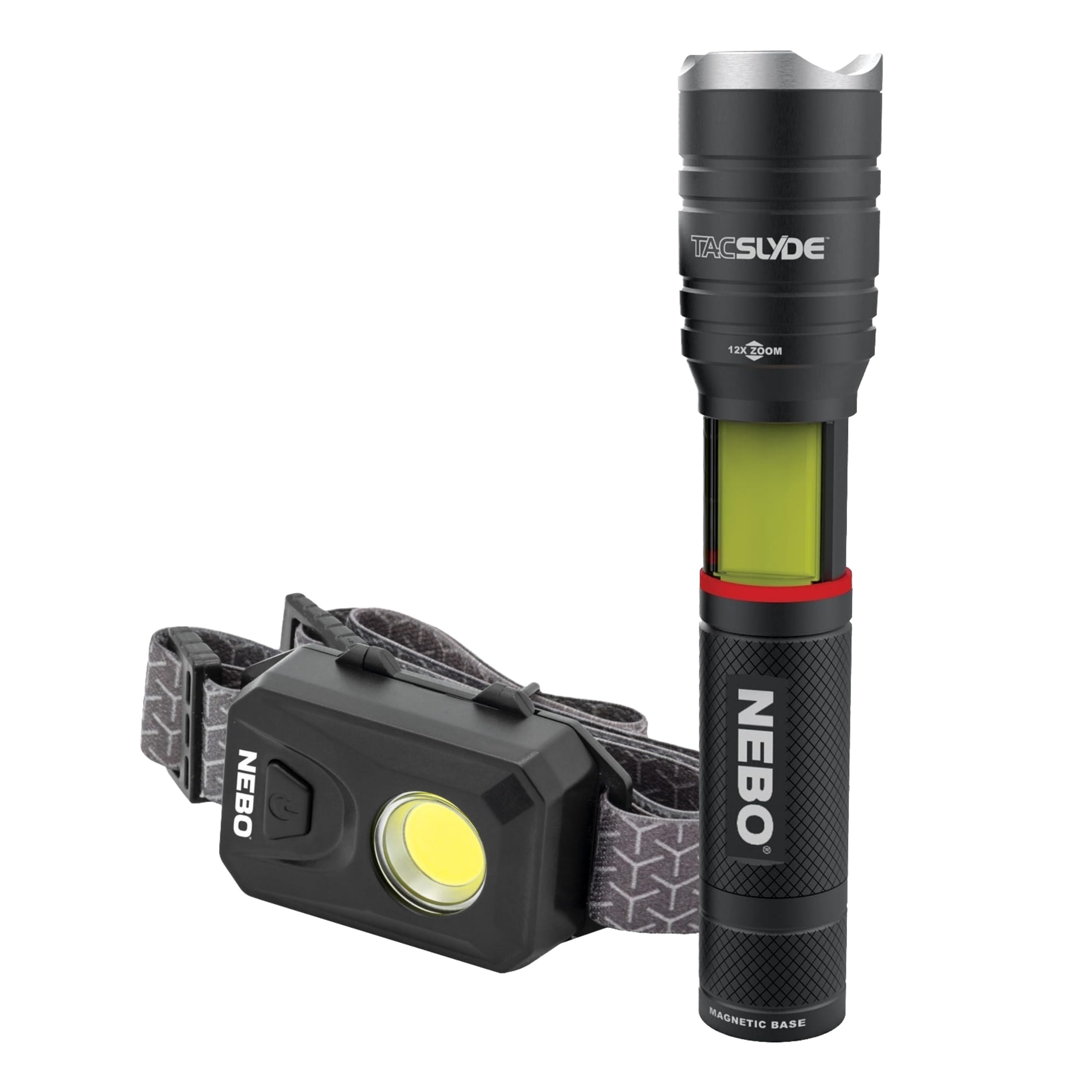 NEBO Combo Pack Tac Slyde Torch & 150 Headtorch - Headlight and Torch with Lantern Modes, Emergency Red Flash & Magnetic Base for Hands-Free Lighting