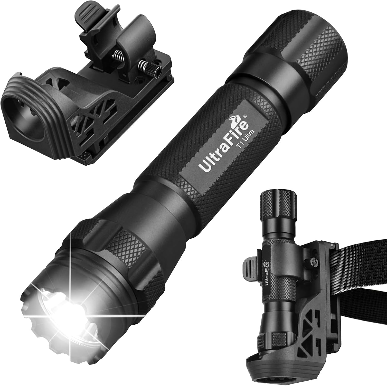 Ultrafire Black Tactical Torch With Holster For Belt, 1000 Lumen Single Mode Bright Led Torch, Security Police Flashlight With Duty Belt Holder For Law Enforcement, Camping, Outdoor, T1 Ultra