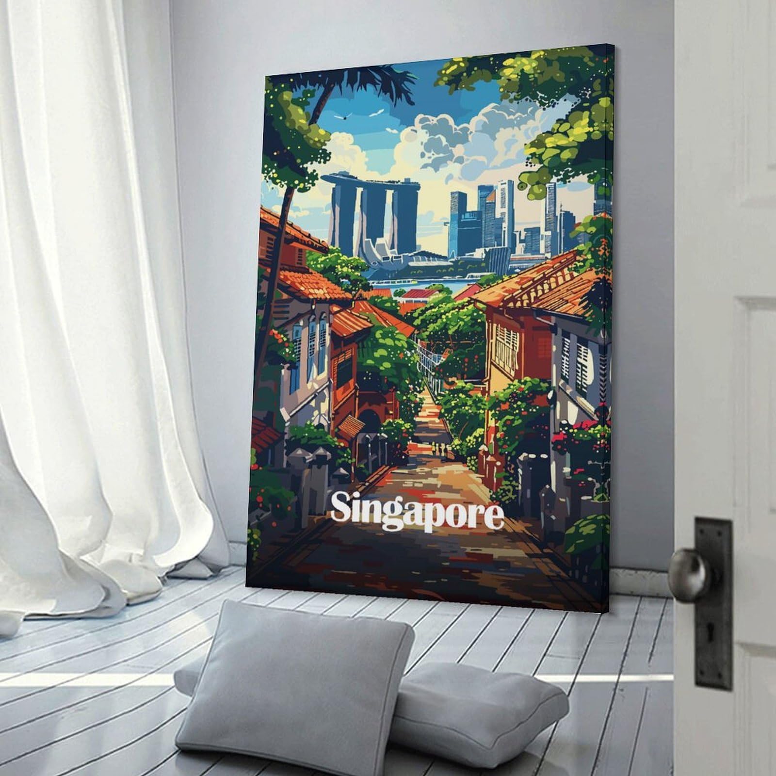 Junmoney Singapore Cityscape Room Decor Wall Art 20x30inch(50x75cm), for Entrance Spaces, Stair Walls Or Halls, A Neat Decor Update for Hallways