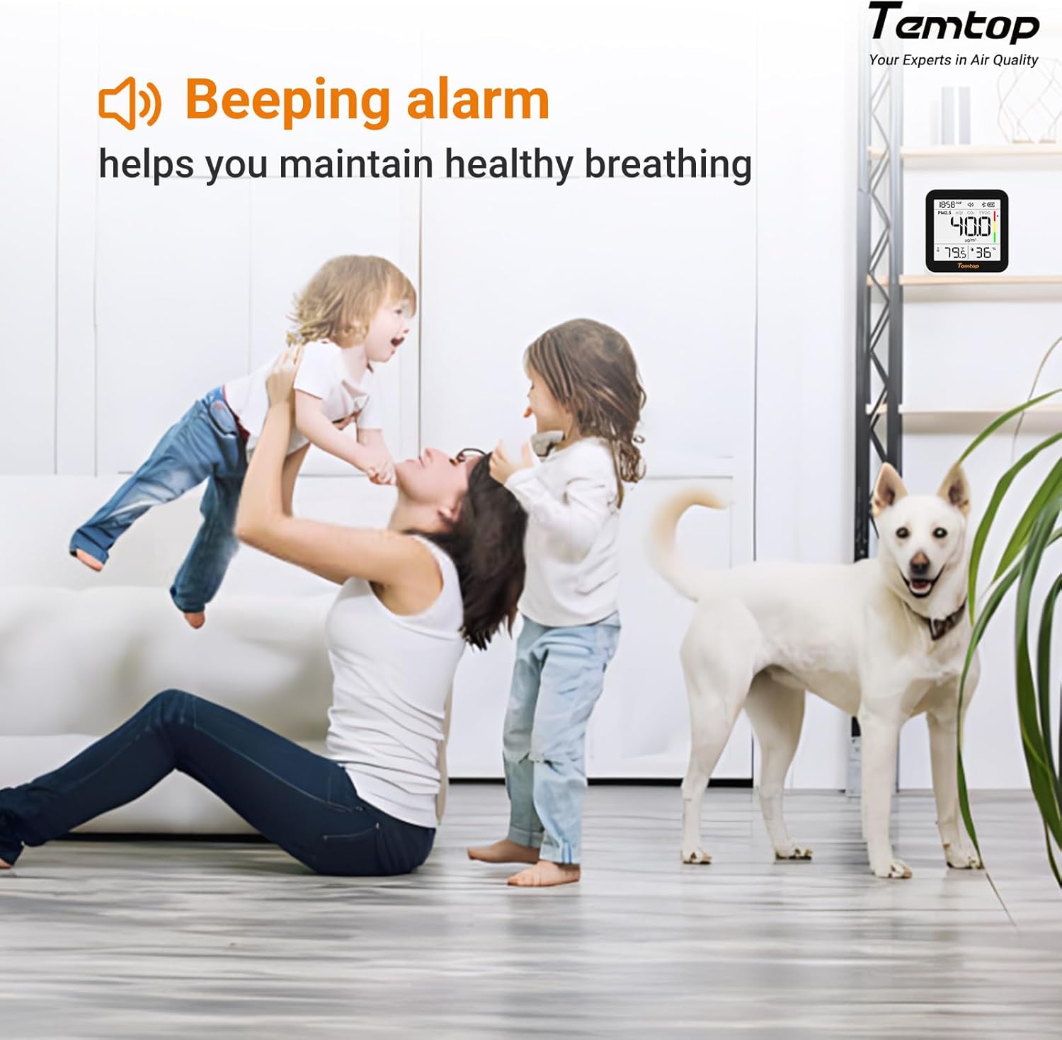 Image showing the Temtop M10+ in a home setting with a family, emphasizing the beeping alarm feature for maintaining healthy breathing.