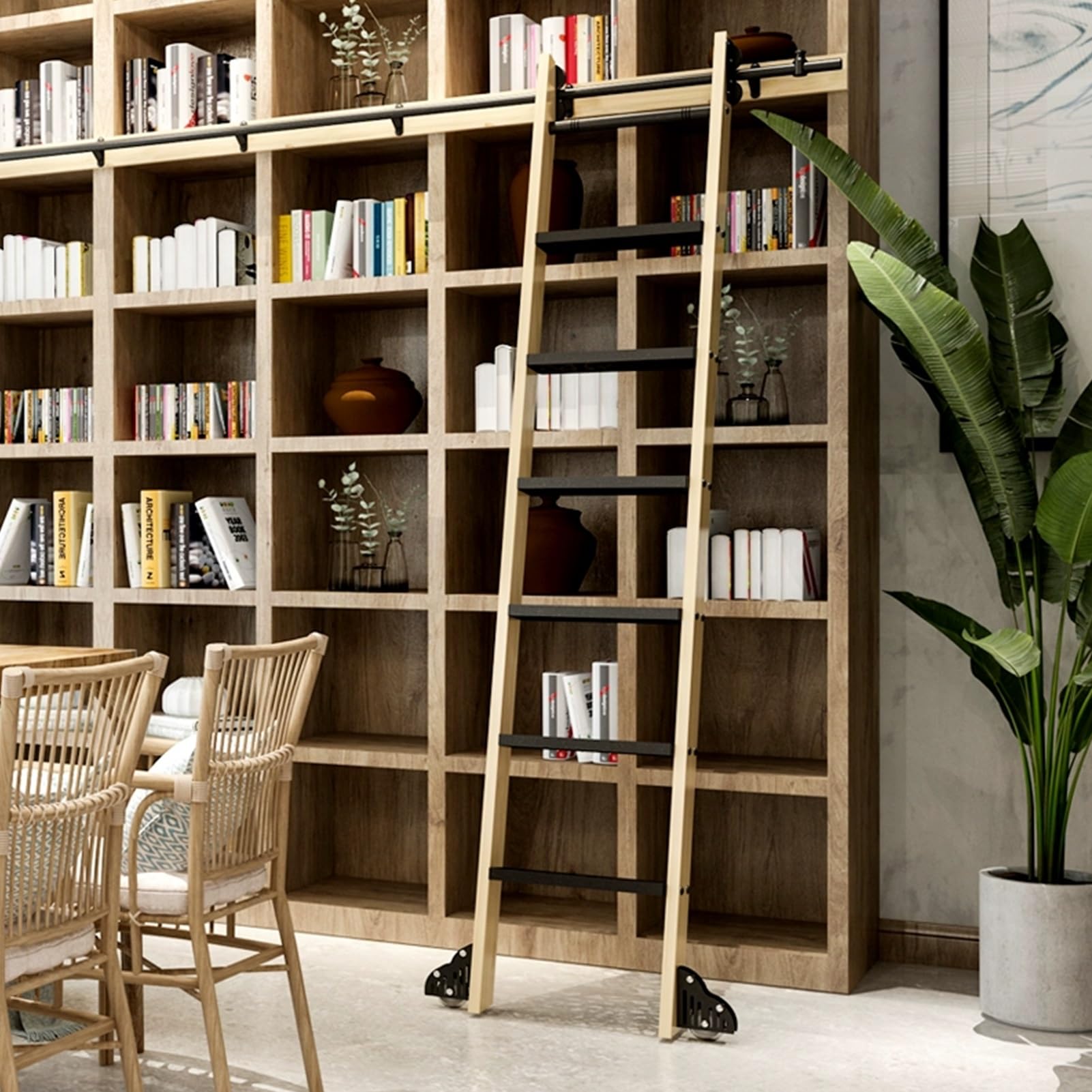 Kit de rieles para escalera de Biblioteca con ruedas, escalera deslizante Negra, herrajes completos para hogar, cocina y vinoteca, riel con ruedas para piso (sin escalera
