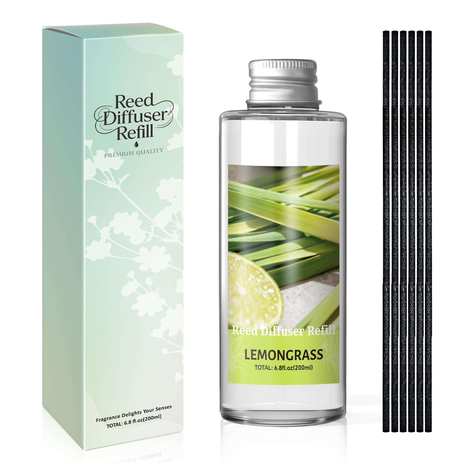 SCENTORINI Reed Diffuser Refill 200ml – Long Lasting Lemongrass Fragrance Oil with 6 Sticks – Natural Essential Oil Refill for Home Room Air Freshener – Fresh Aromatherapy Scent for Everyday Use
