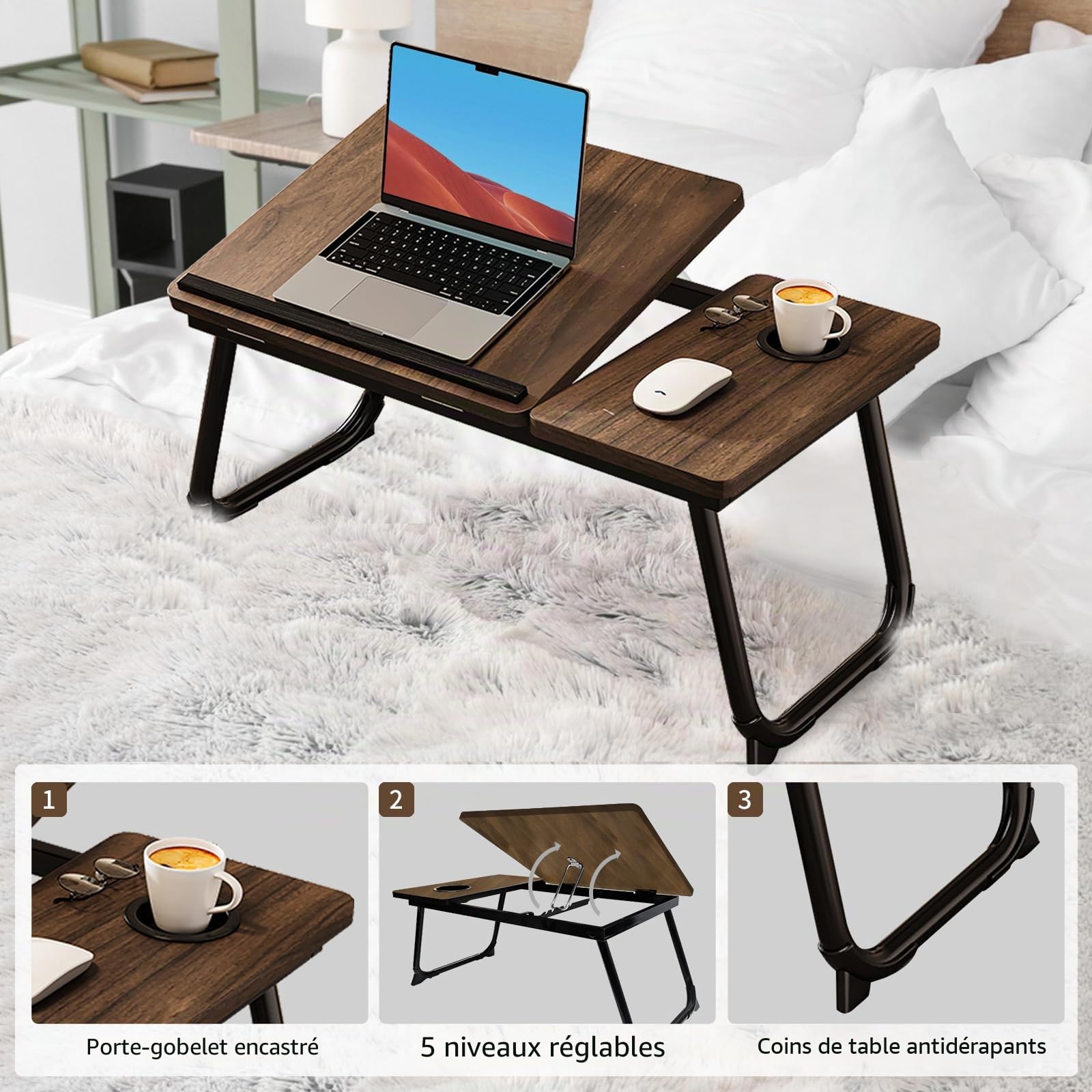 Table Pliable pour Ordinateur Portable et Petit Déjeuner au Lit - Réglable et Ergonomique - Marron
