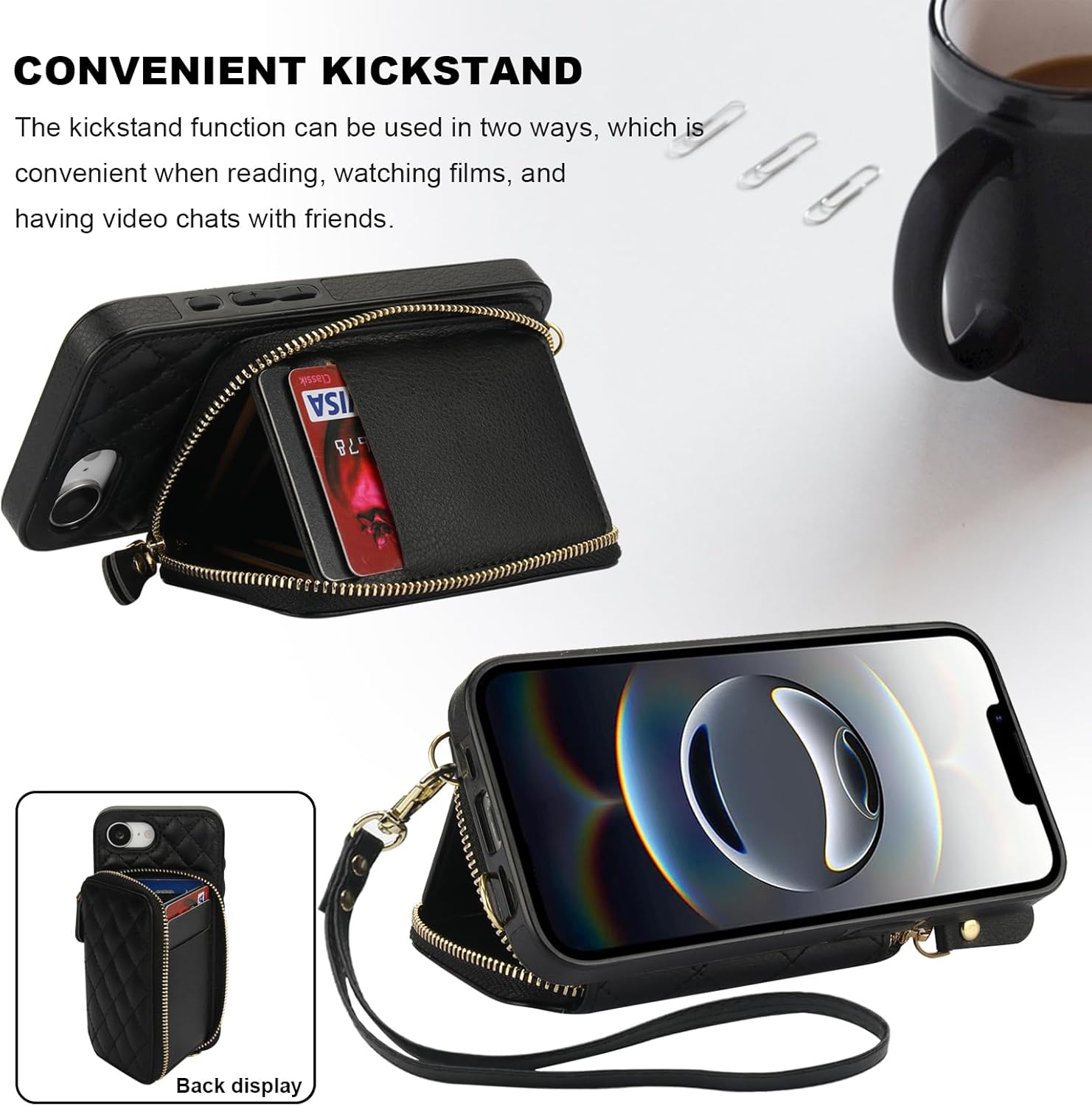 Bocasal Crossbody Wallet Case for iPhone 17e/16e, RFID Blocking PU Leather Zipper Handbag Purse Flip Cover, Kickstand Folio Case with Card Slots Holder Wrist Strap Lanyard 6.1 Inch 5G (Black)