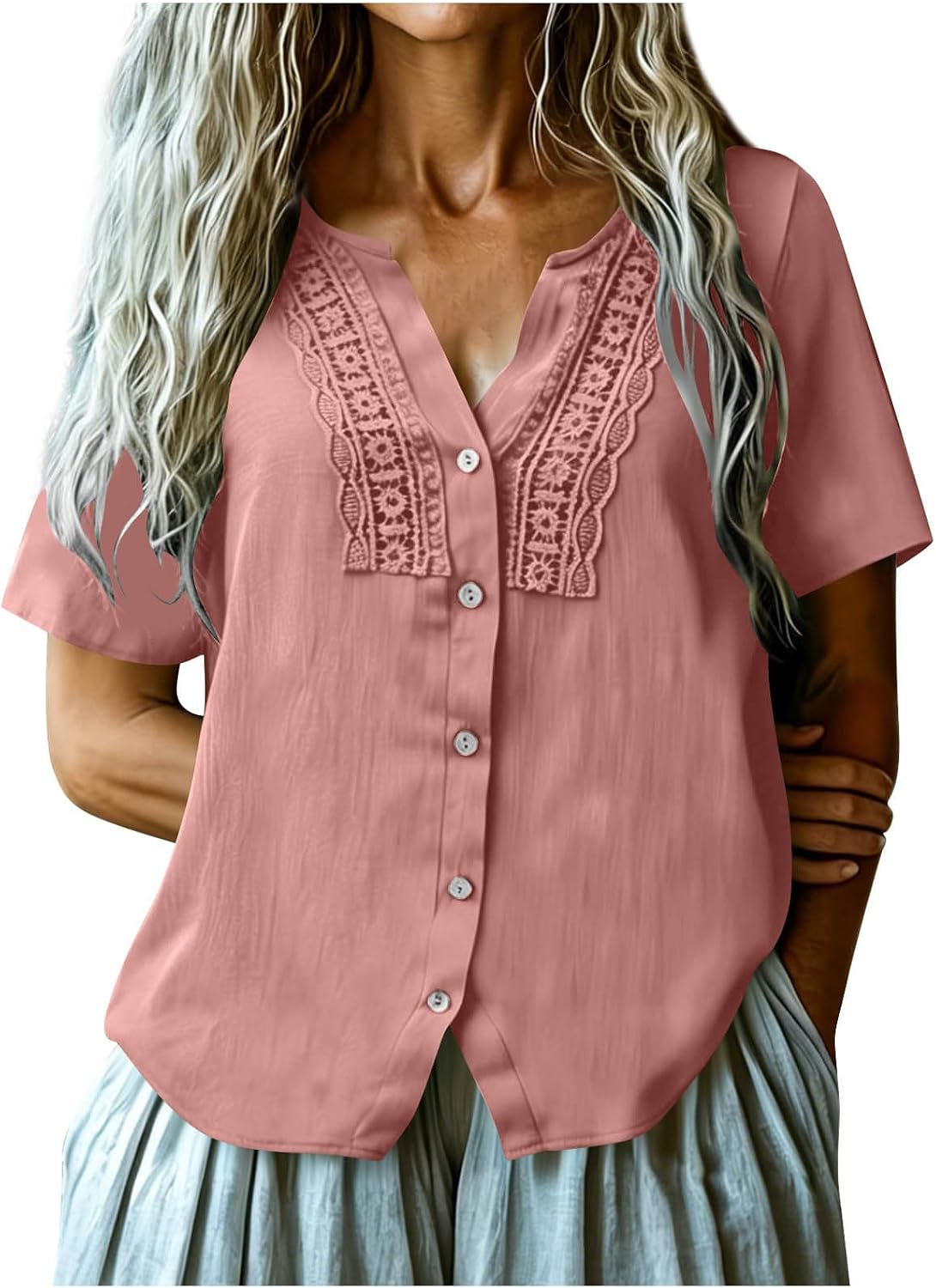 Women's Embroidered V Neck T Shirts Boho Button Up Summer Tops Short Sleeve Lace Trim Casual Fashion Loose Tees