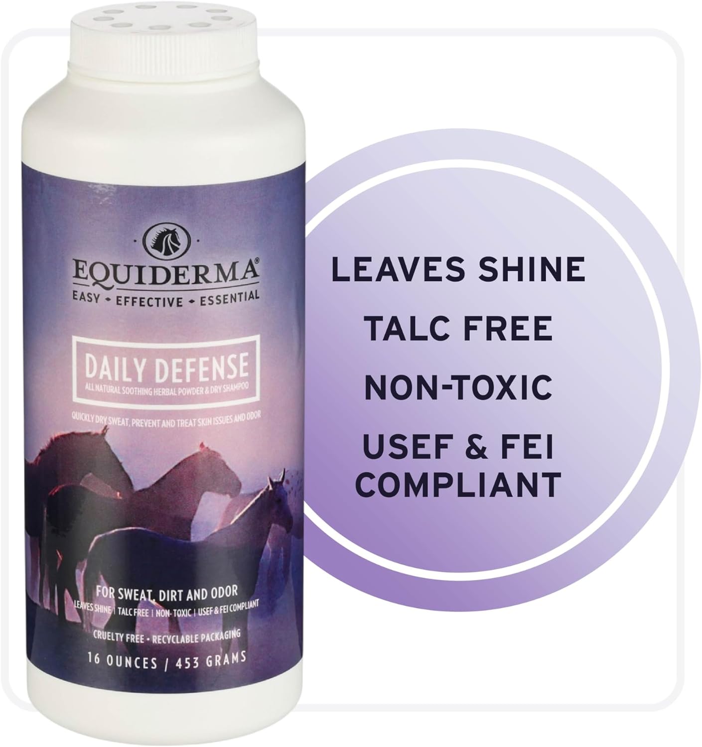 Equiderma Daily Defense Herbal Dry Shampoo Powder for Horses & Riders - 16oz – Natural Skin-Soothing Blend with Silk Proteins, Lavender, Chamomile & More