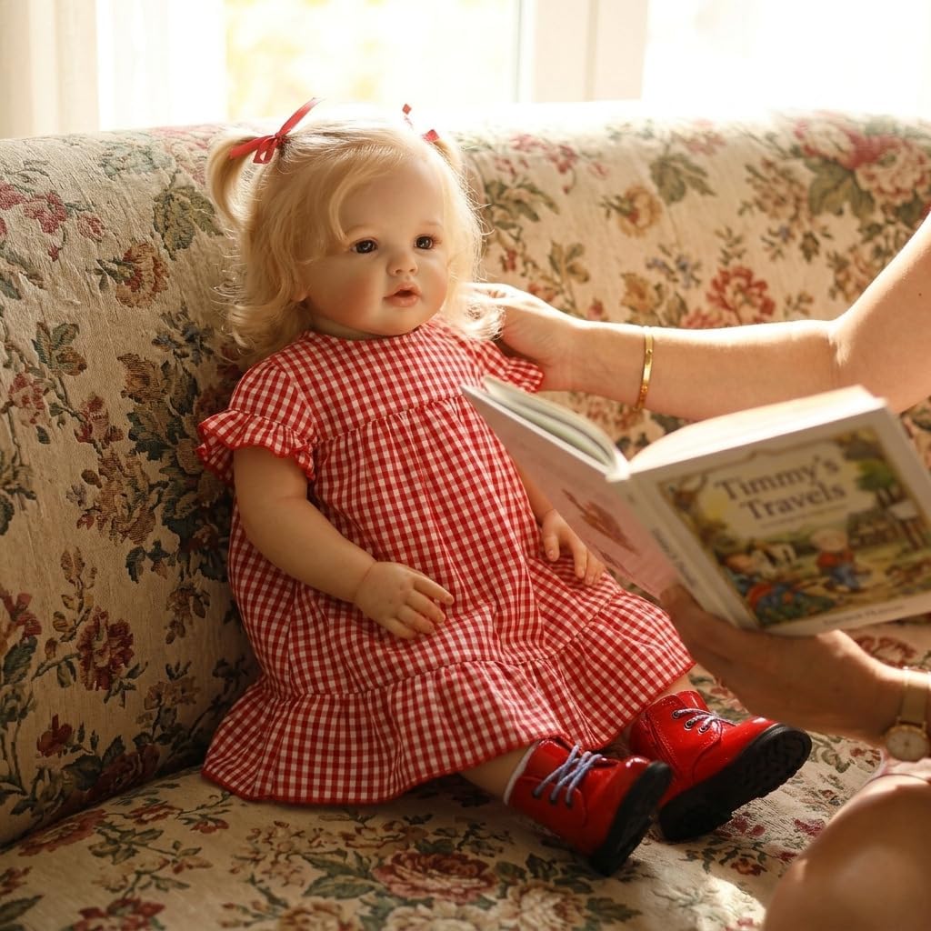 TERABITHIA 24 Inches 60CM Sweet Face Real Baby Size Rooted Blond Curly Hair Lifelike Reborn Baby Doll with Soft Cloth Body Realistic Newborn Toddler Girl Dolls that Look Real and Feel Real image 3