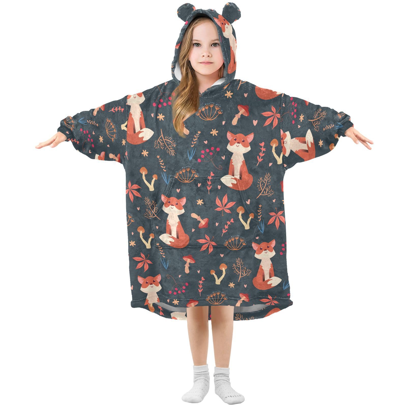 Oversized Blanket Hoodie for Kids Adult Girls Boys, Fleece Hoodie Blanket Fox and Maple Leaf Super Warm Plush Wearable Blanket Hoodie Sweatshirt with Roomy Pocket, Small
