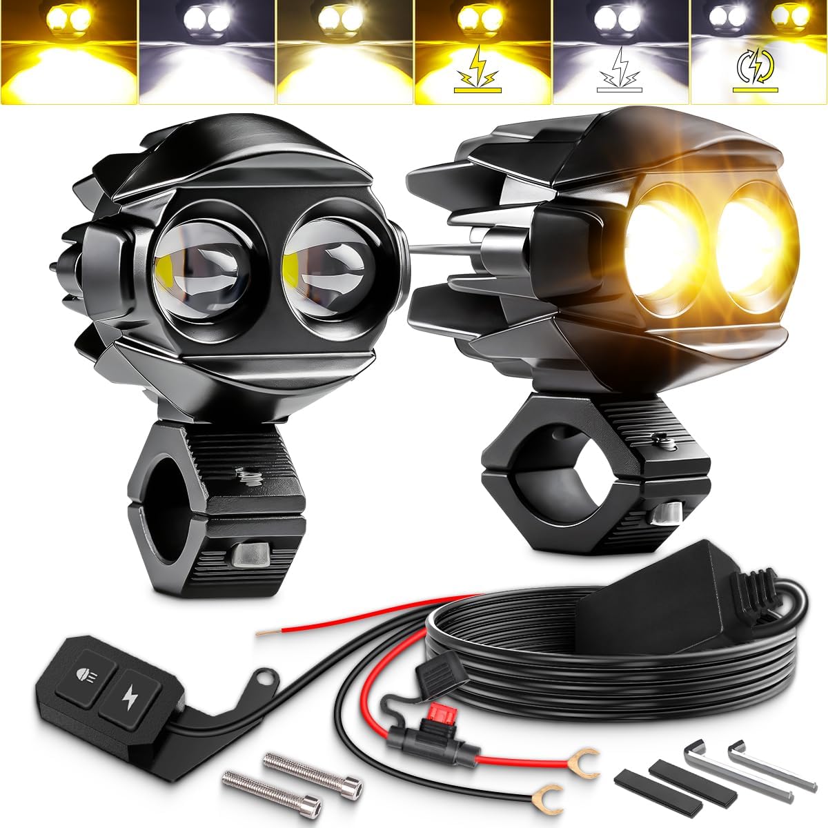 Motorcycle Fog Lights Kit LED Hi/Low Beam Driving Light Amber/White Strobe 8 Modes Auxiliary Light With Switch Wiring Harness Brackets for R1200gs Adventure,Touring,Cruiser,Sport,ATV,UTV