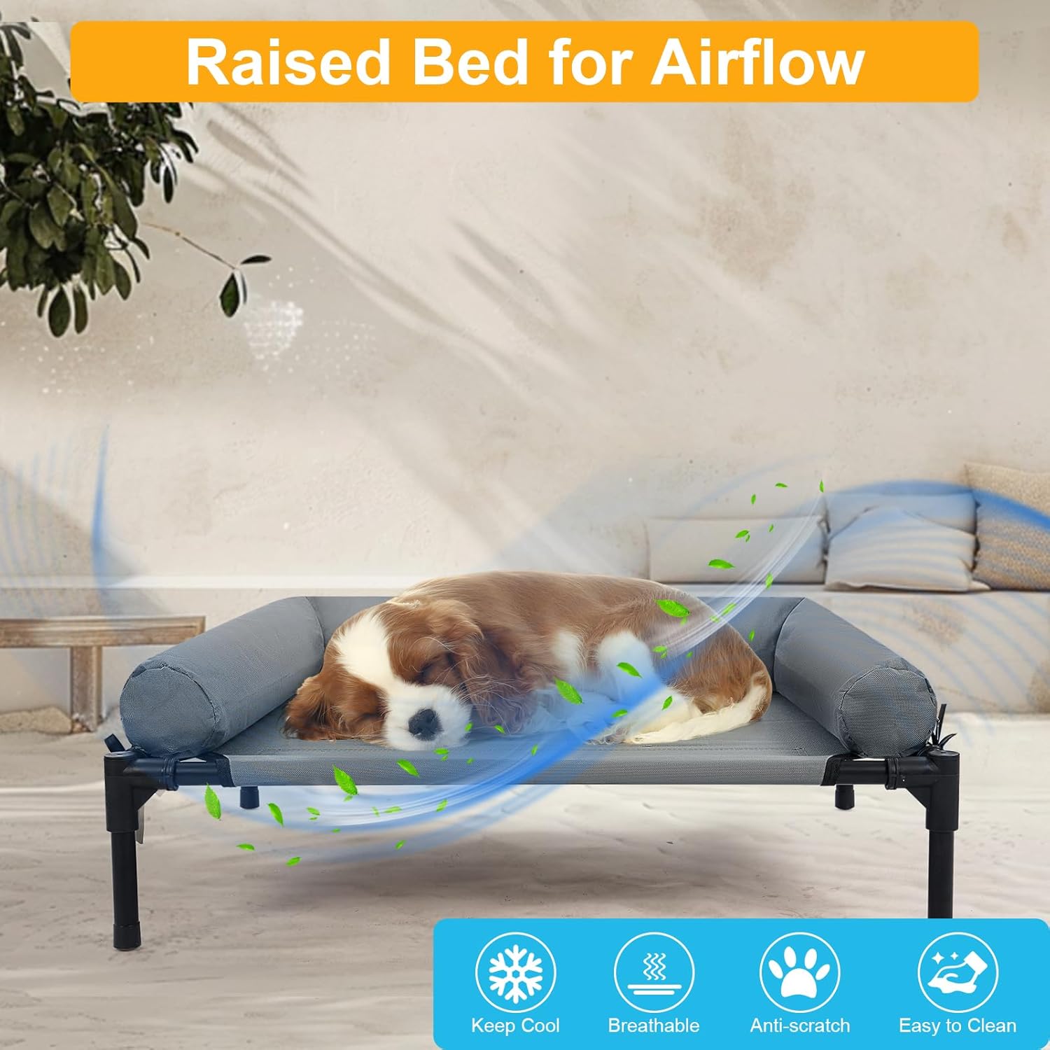 30'' Outdoor Elevated Dog Bed with Pillow, Raised Dogs Bed with Four Ice Pack, Breathable Cooling Dog Cot Beds Small Medium Size Dogs, Outdoor Pet Hammock Bed, Outside Pet Beds(Small)