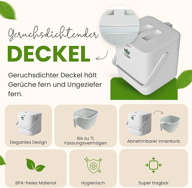 ECOBIO Bio Konyhai Komposztáló Edény 7L - Fedeles Szűrős Hulladékgyűjtő Fogantyúval - Szagmentes Mosogatógép Álló Szürke