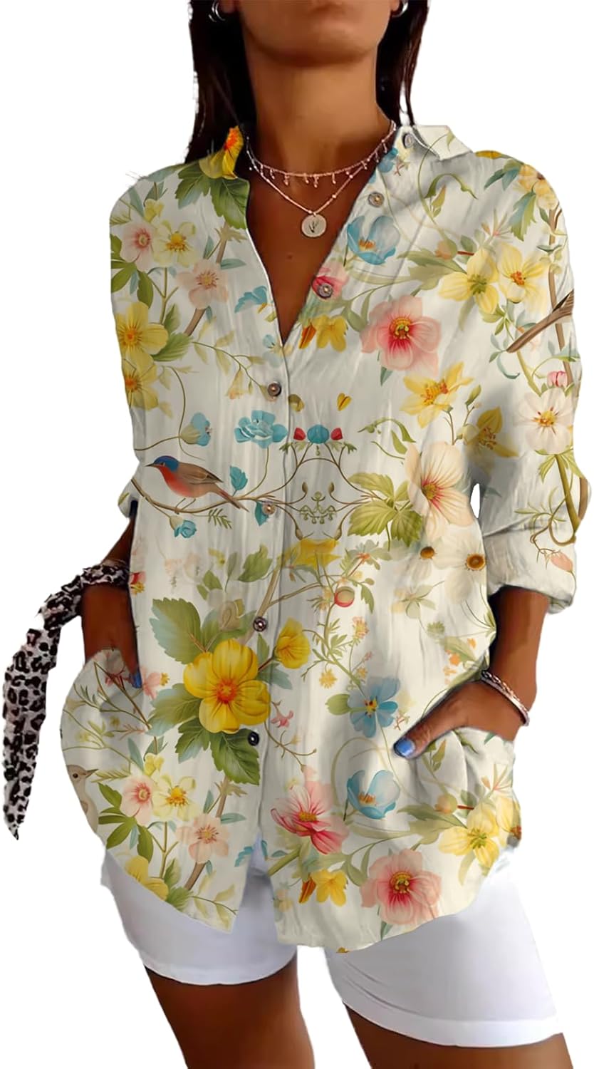 Vacation Tops for Women Hawaiian Boho Summer Floral Graphic Plus Size Flowing Blous...