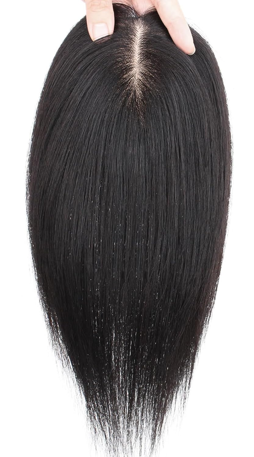 Nano Ice Silk Mesh Clip in Toppers Straight Human Hair Wiglet Hairpiece for Women Thin Hair (Natural black,Middle part 25cm)
