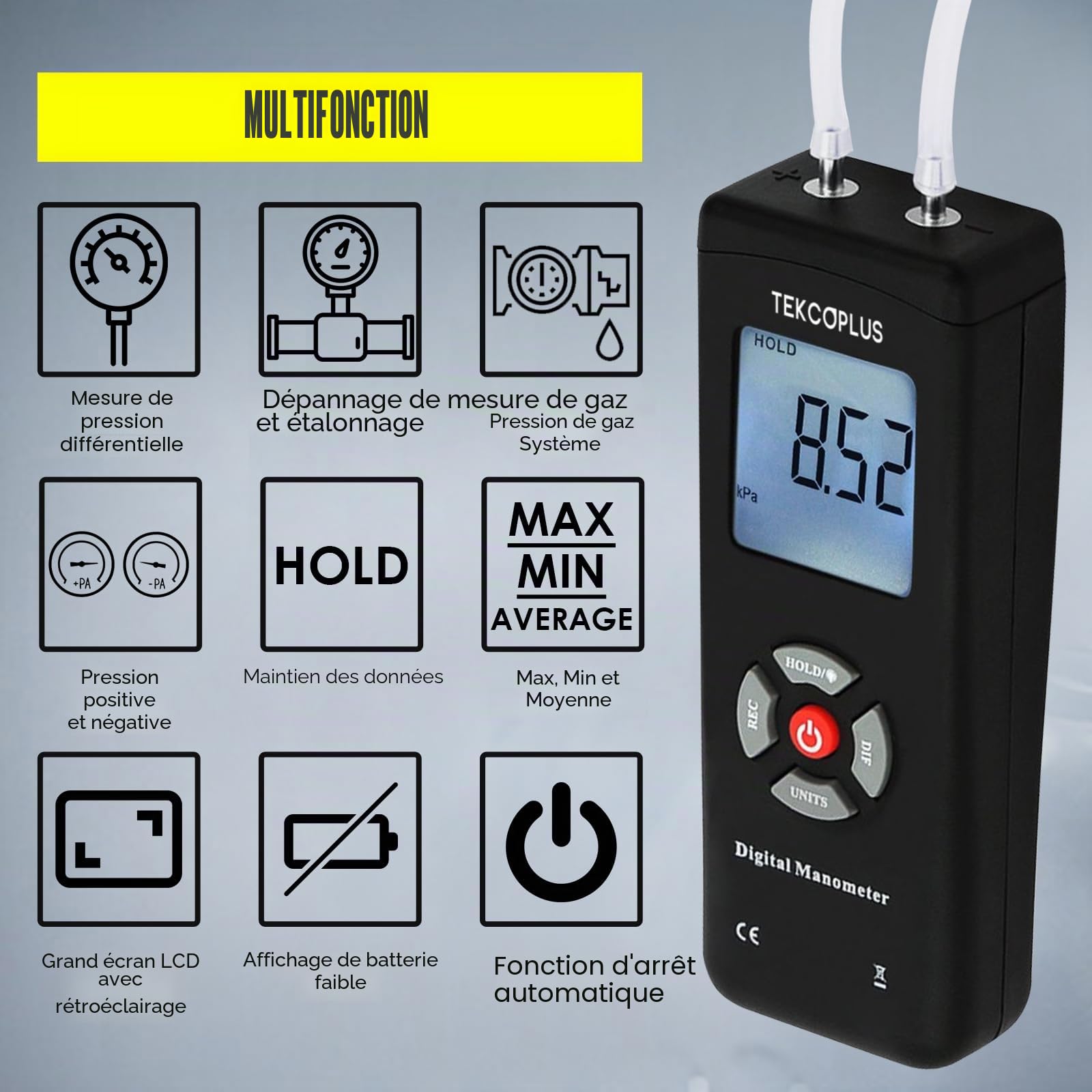 Manomètre, Testeur de Pression du Gaz à Double Port, Manomètre Numérique Professionnel pour HVAC, Mesureur de Pression de l'Air, Manomètre Différentiel avec Écran LCD Rétroéclairé, Tuyau de Rallonge