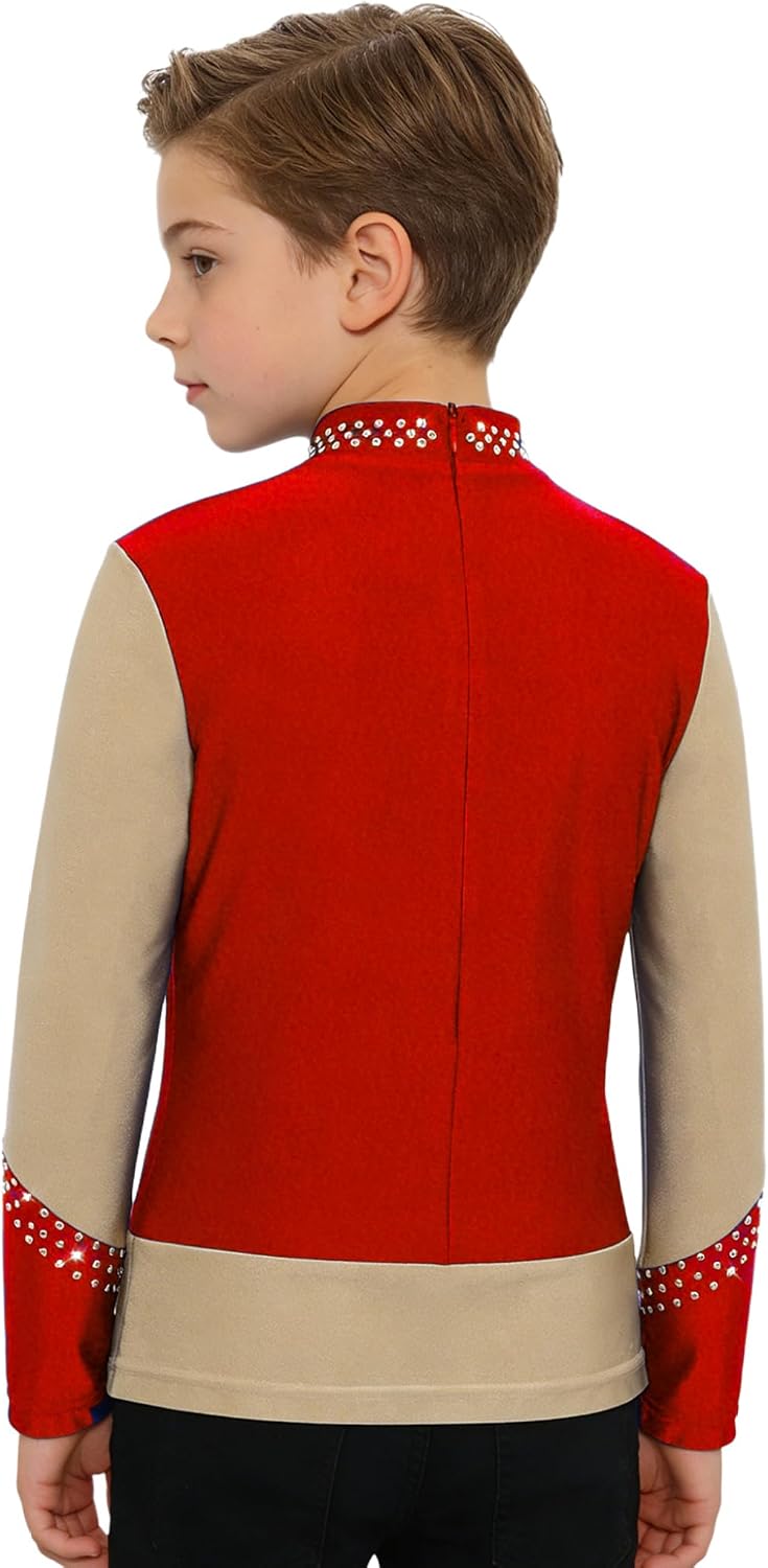 Sparkly Figure Ice Skating Outfits for Boys 2-in-1 Long Sleeve Shirt with Pants Latin Ballroom Dance Sets